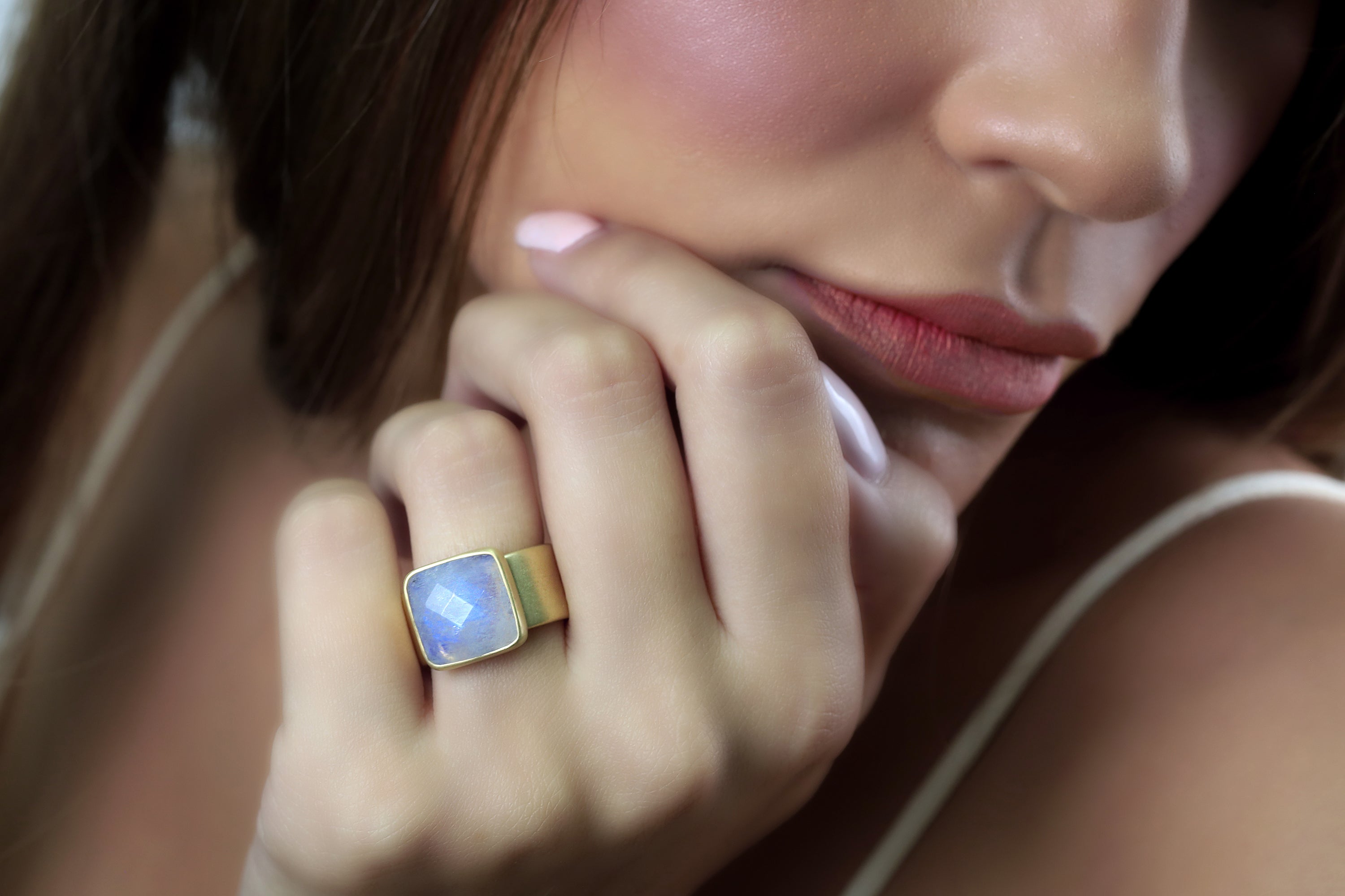 Square Cut Moonstone Thick Wide Band Gold Ring Rings Anemone Limited