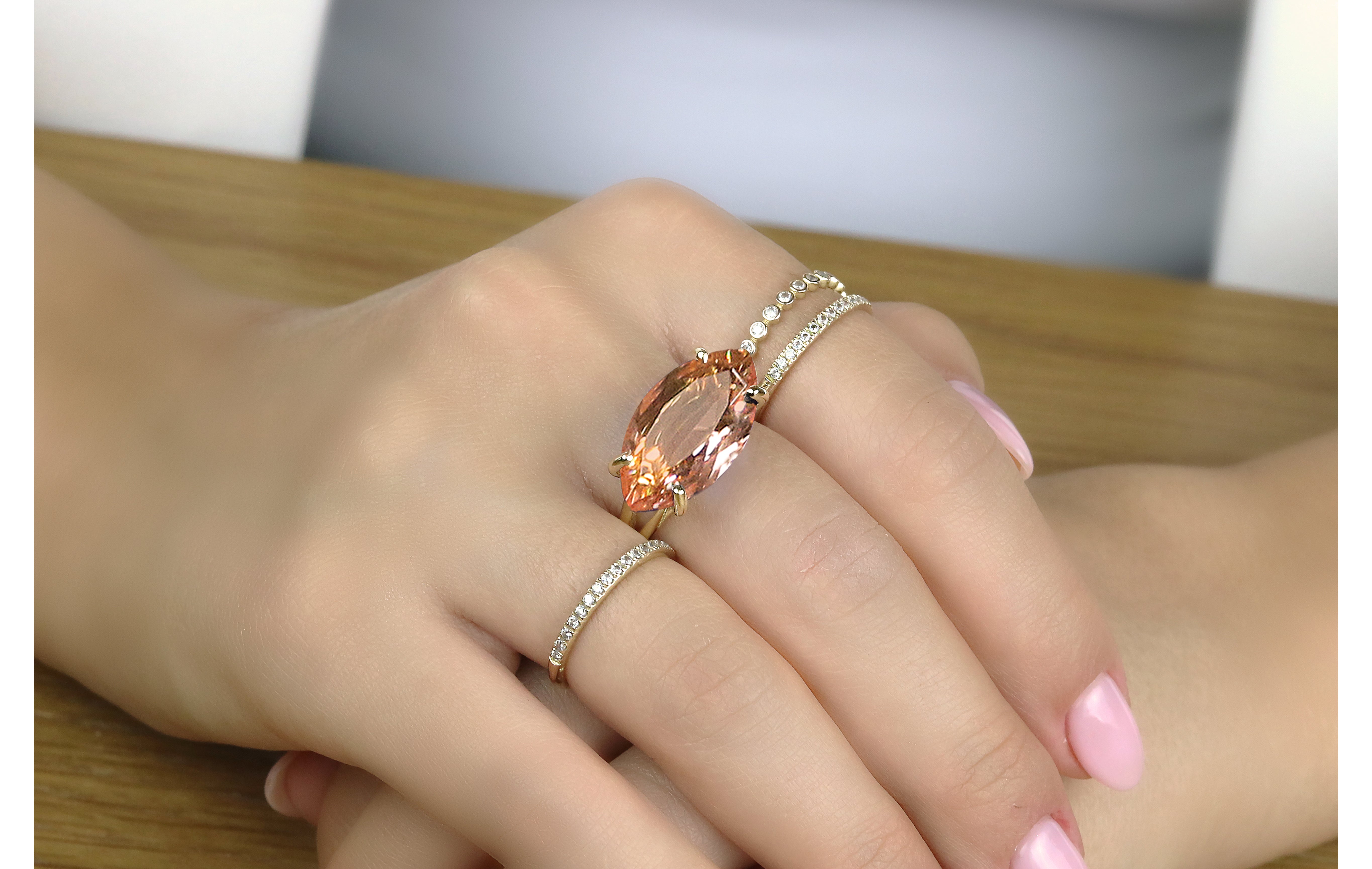 Lustrous Marquise Solitaire Morganite Gold Ring Rings Anemone Jewelry