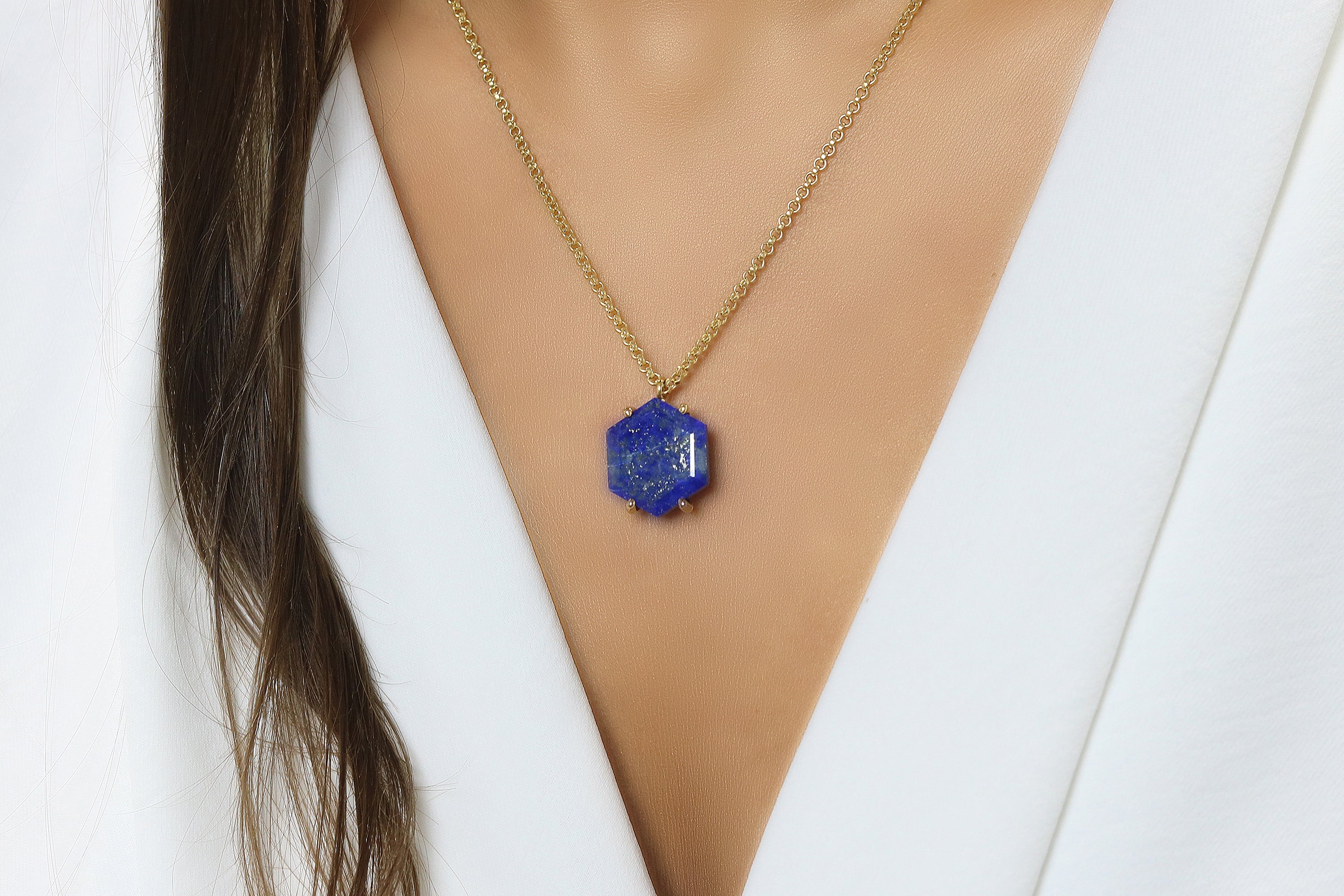 Dainty Natural Lapis Lazuli Necklace with CZ Round Pendant necklaces Anemone Jewelry