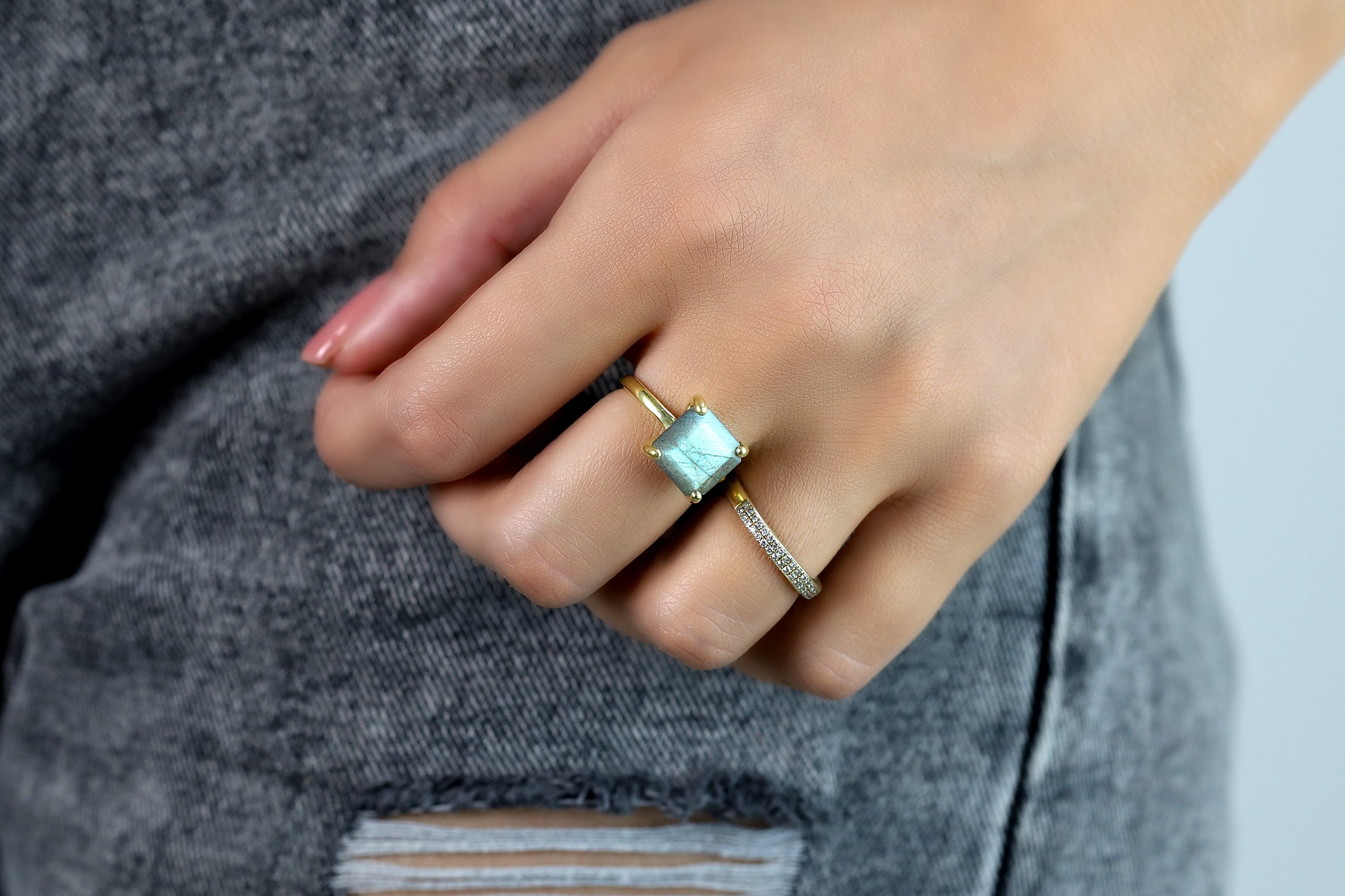 Square Labradorite Ring in 14k Rose Gold Rings Anemone Unique