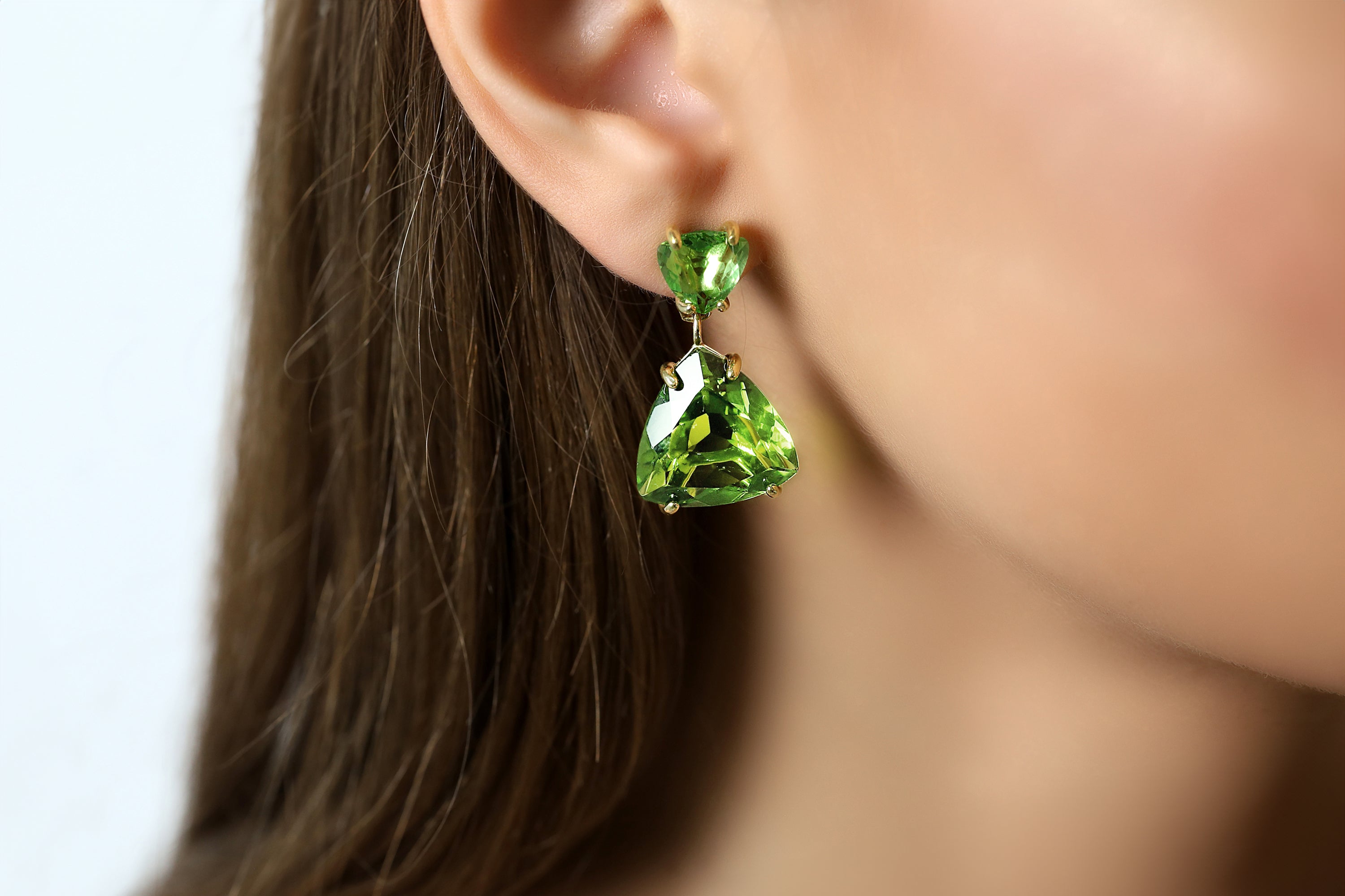Trillion Cut Long Green Tourmaline Gold Earrings Earrings Anemone Jewelry