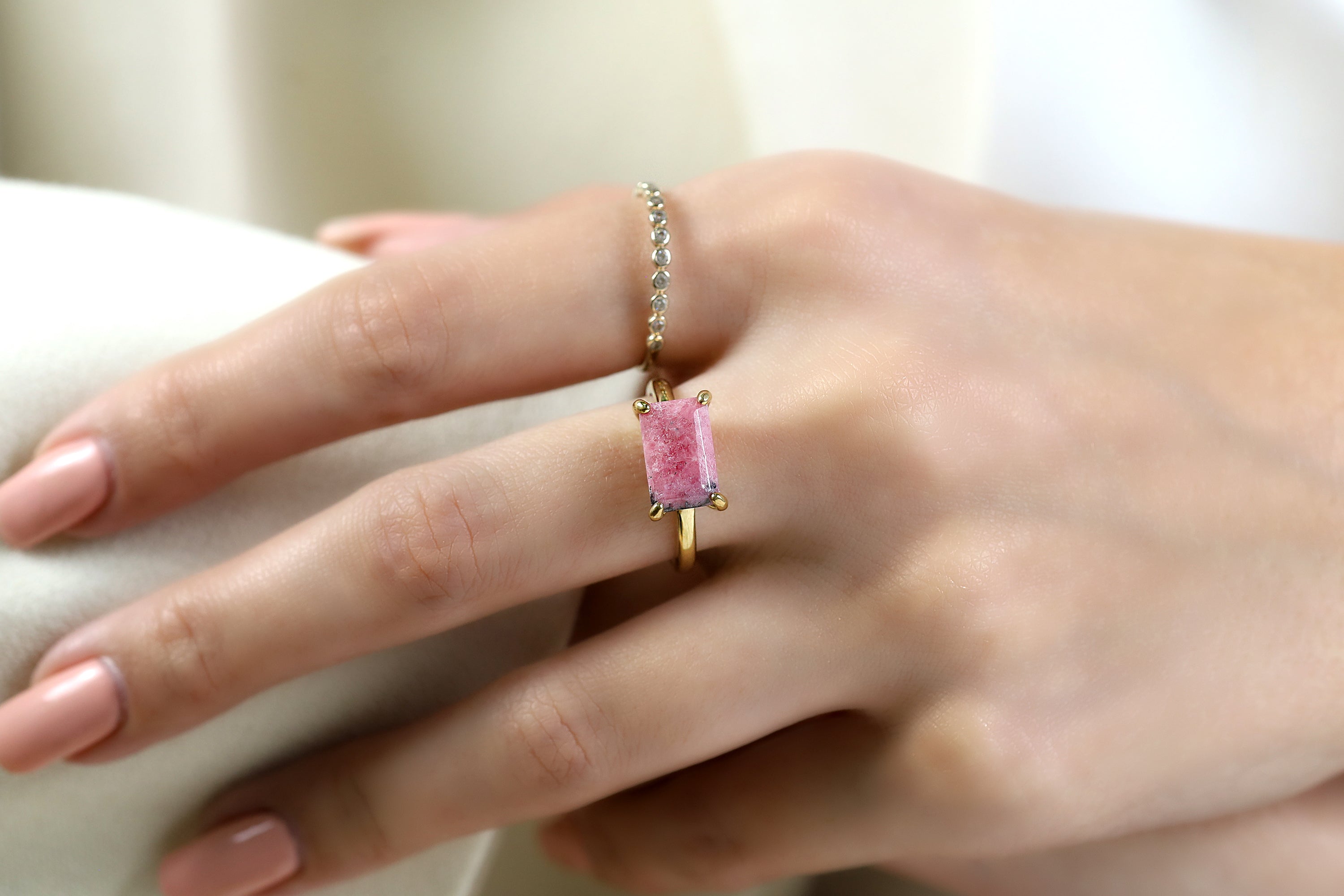 Rose Gold Rectangle Shape Rhodonite Ring Rings Anemone Unique