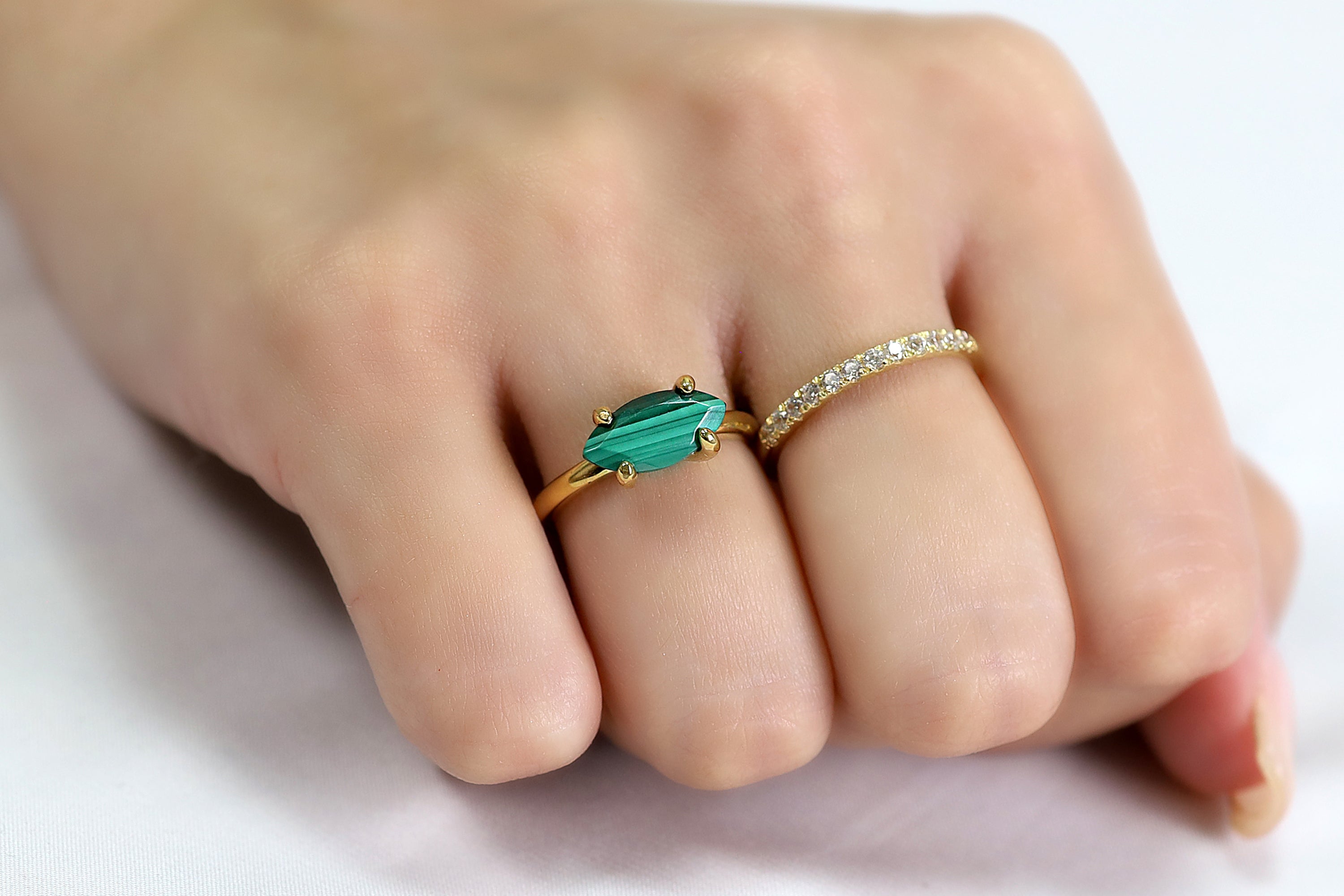 Horizontal Marquise Malachite Gold Filled Ring Rings Anemone Unique