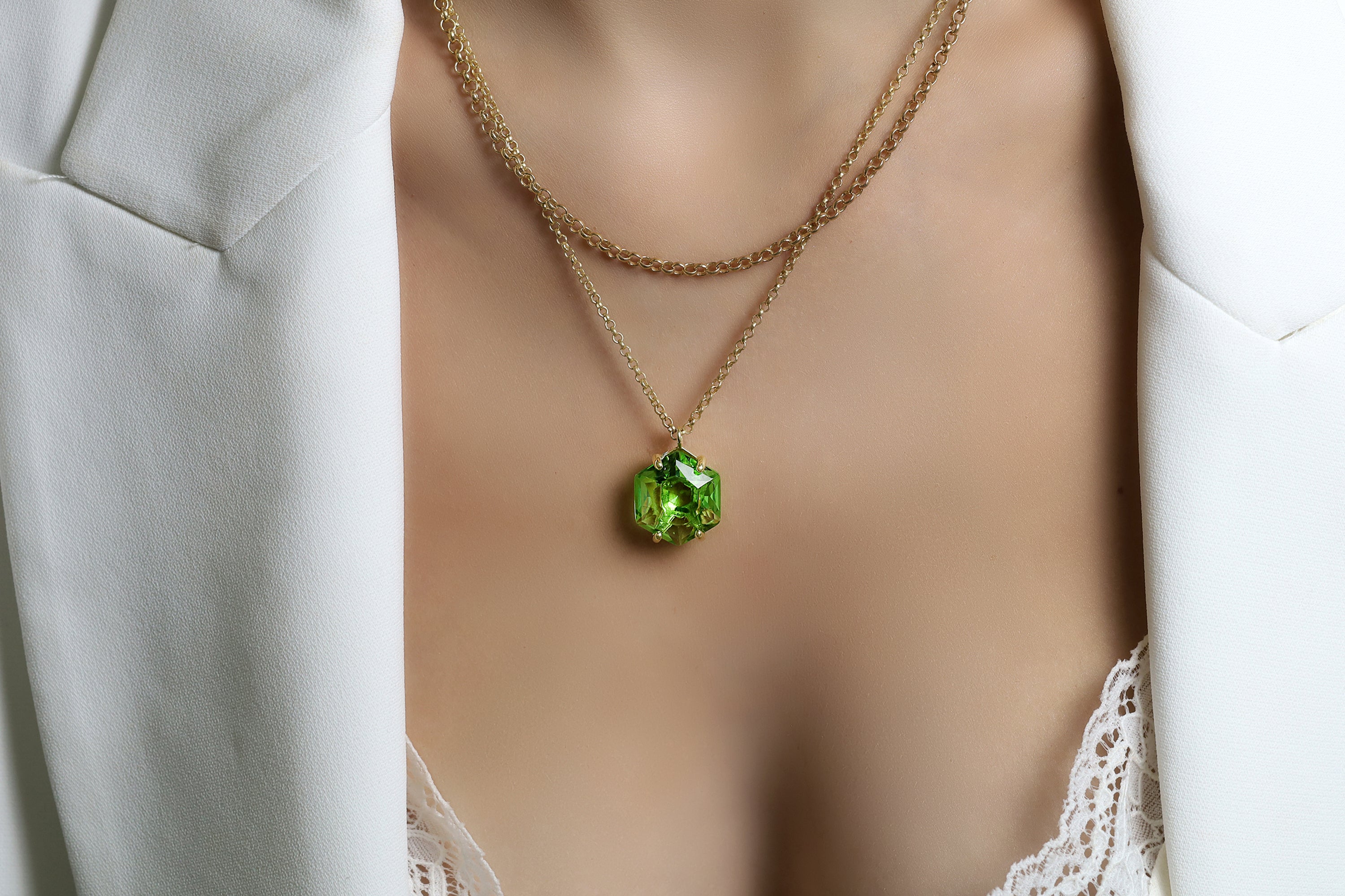 14k Gold Green Tourmaline Hexagon Cut Pendant Necklace necklaces Anemone Jewelry