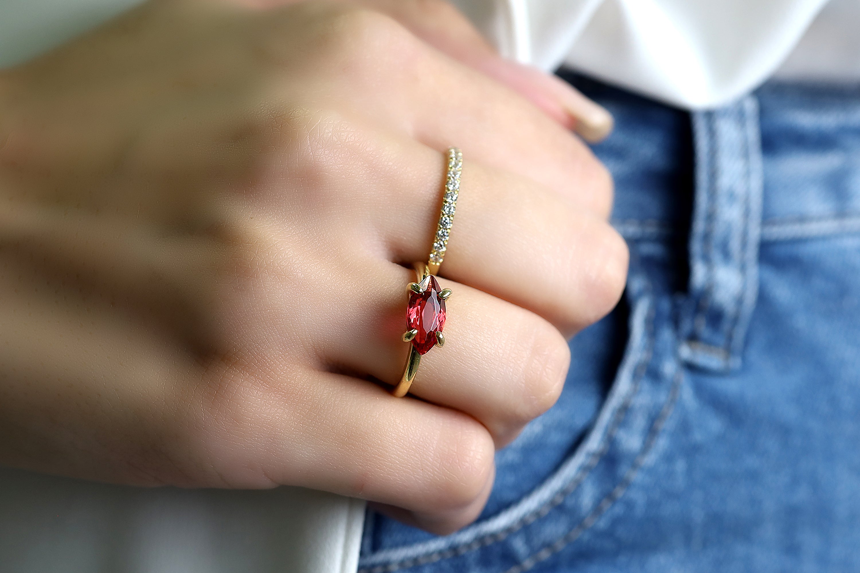 Horizontal Marquise Cut Pink Tourmaline Gold Ring Rings Anemone Unique