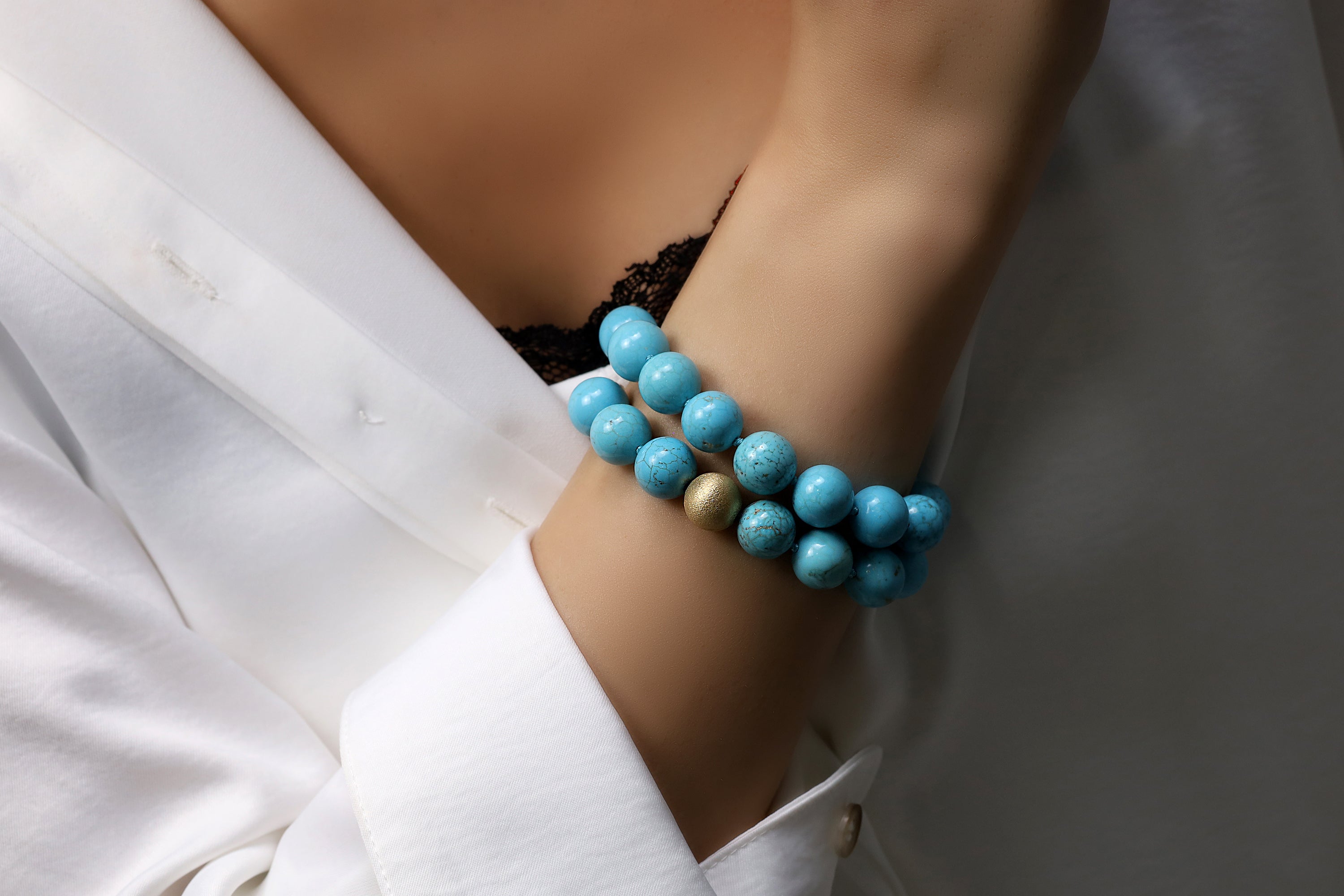 Turquoise Beaded Gold Bracelet with Brushed Gold Bead Bracelets Anemone Jewelry