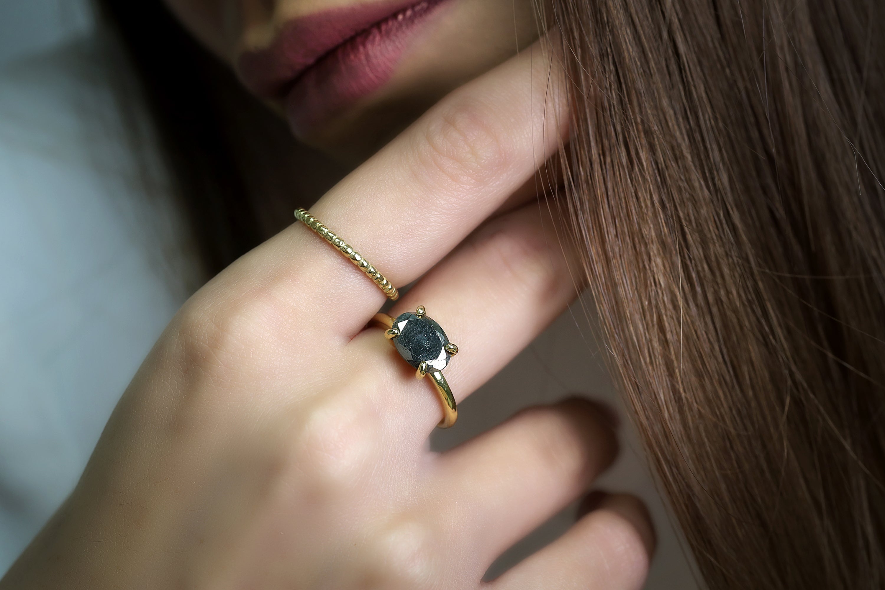 Stackable Gold Cocktail Oval Cut Pyrite Gemstone Ring Rings Anemone Unique