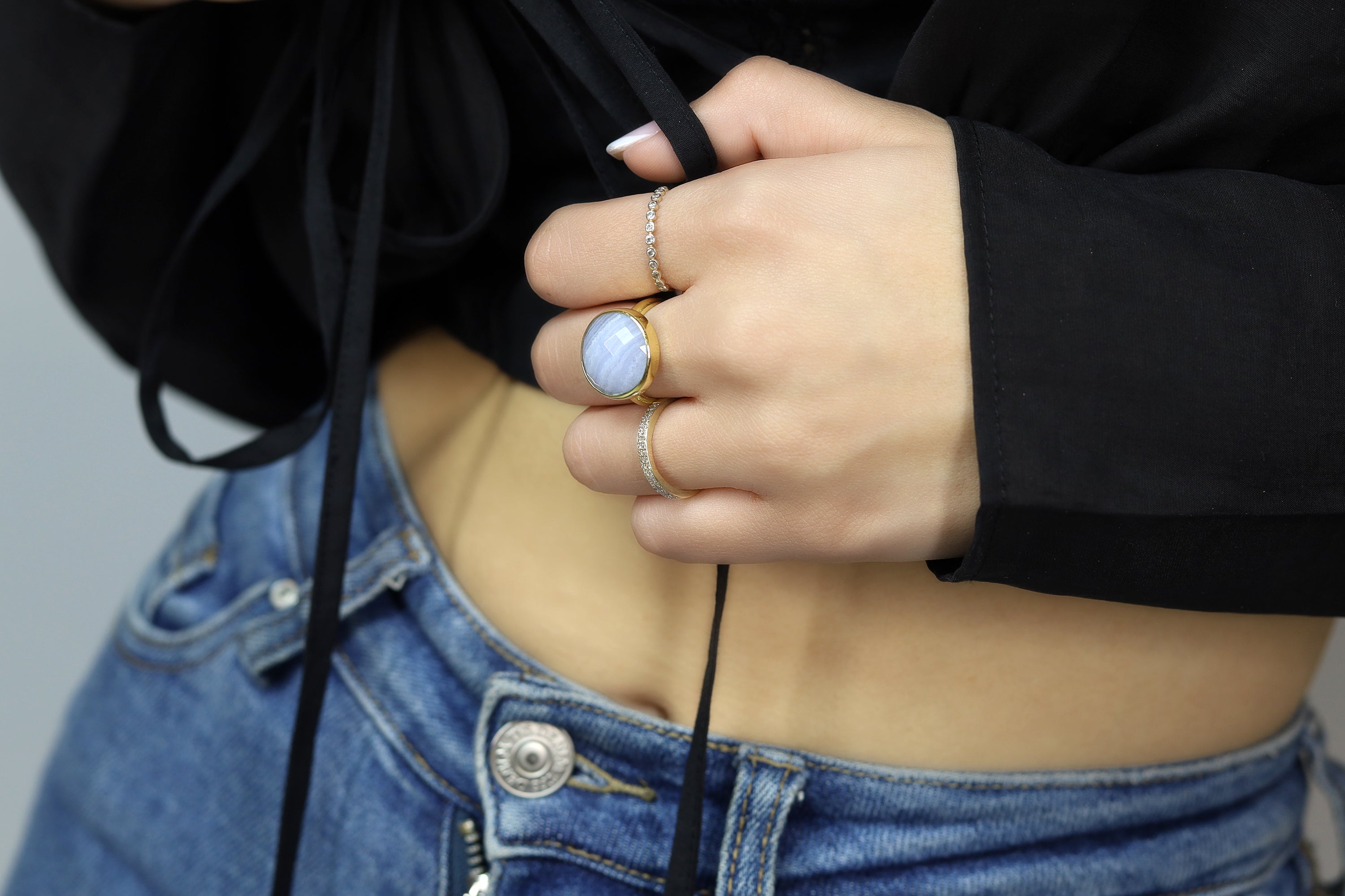 Unique Bezel Set Blue Lace Agate Ring in Gold Rings Anemone Limited