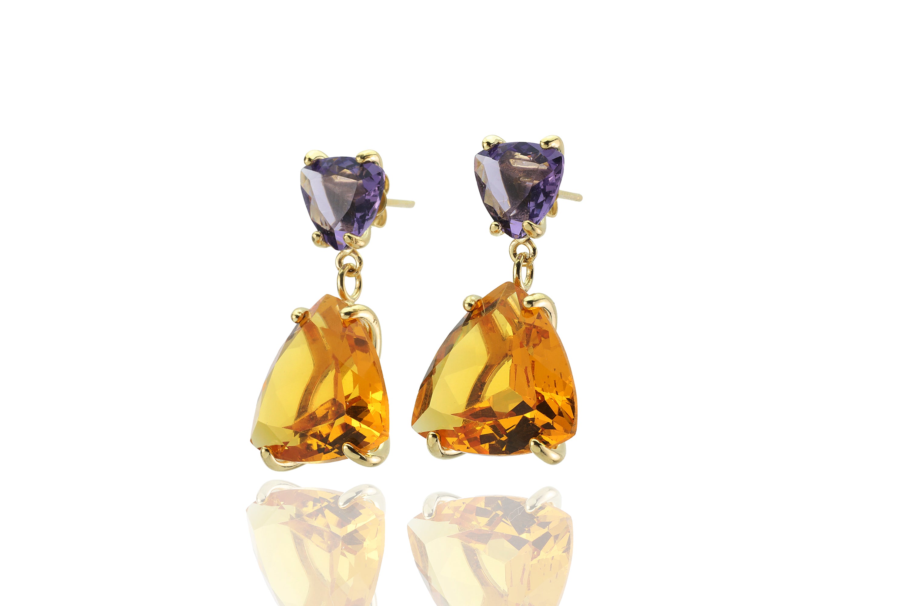 Trillion Amethyst Citrine Gold Dangle Earrings Earrings Anemone Jewelry