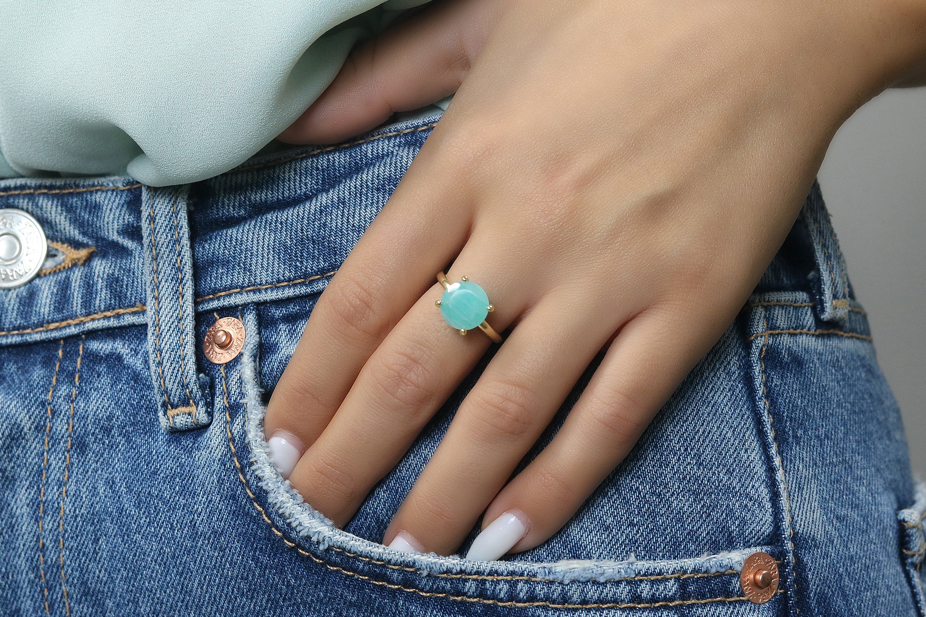 Dainty Round Amazonite Gold Ring Anemone Unique