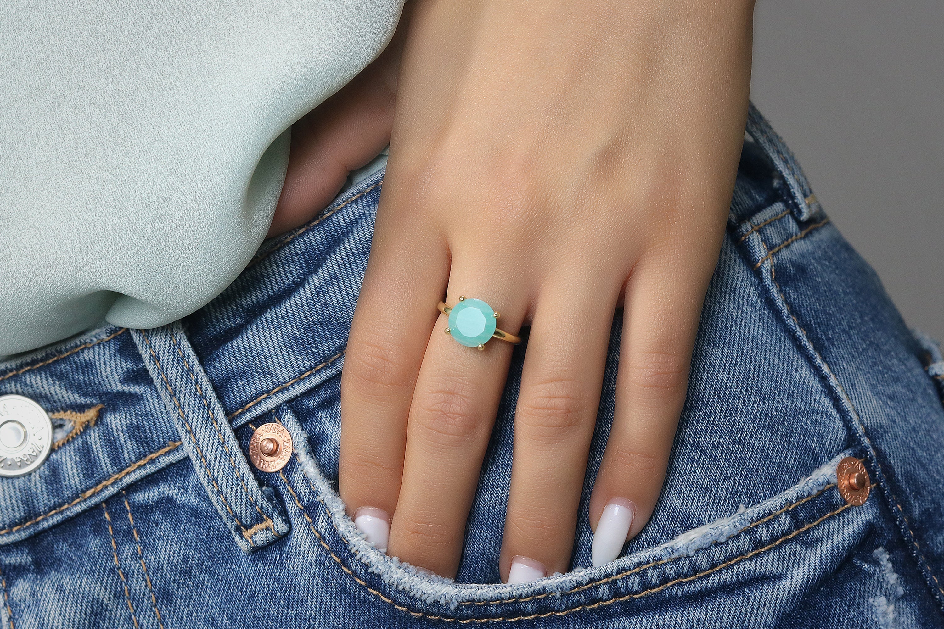 Dainty Round Amazonite Gold Ring Anemone Unique