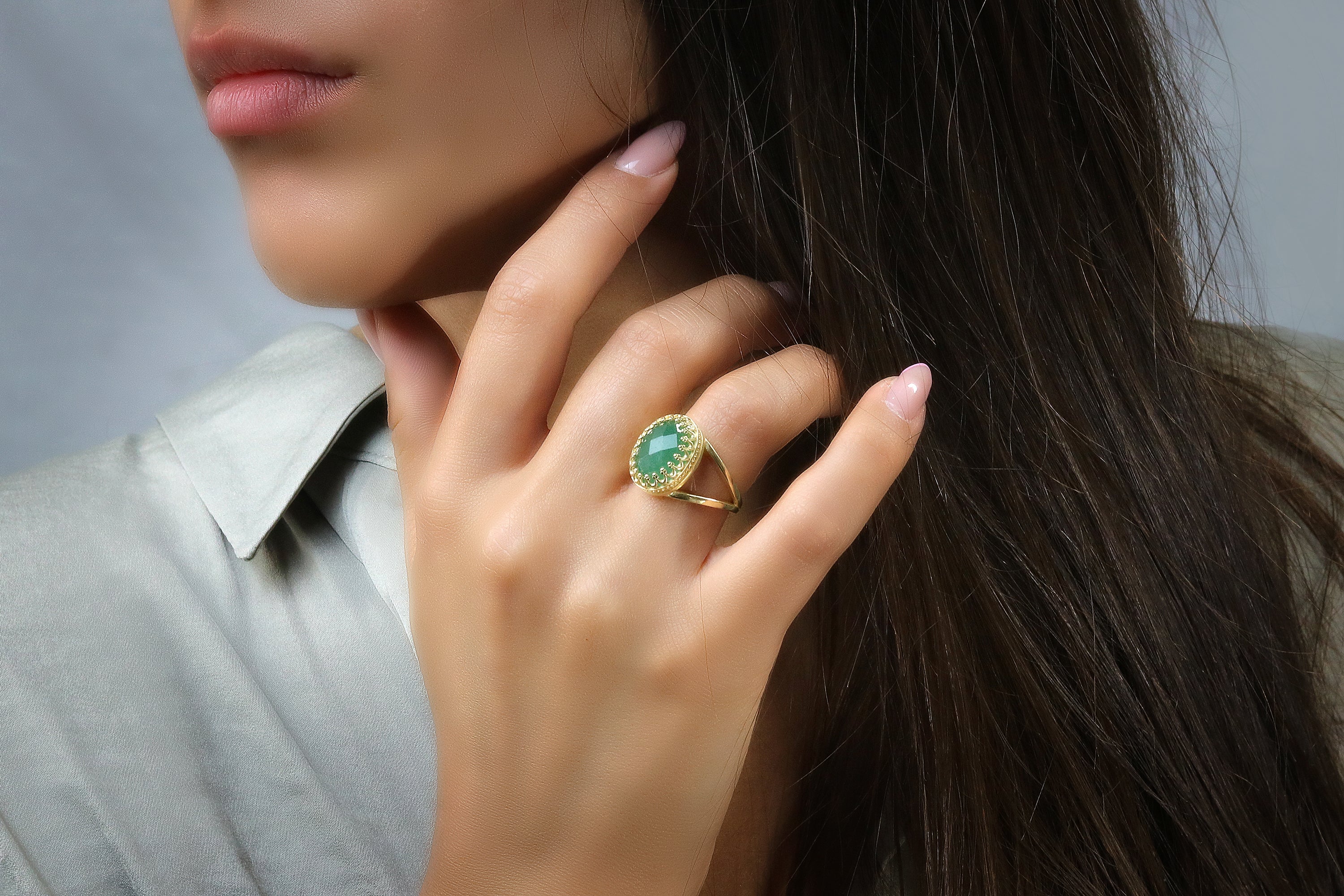 Sterling Silver Ring with Gorgeous Oval Aventurine Rings Anemone Jewelry