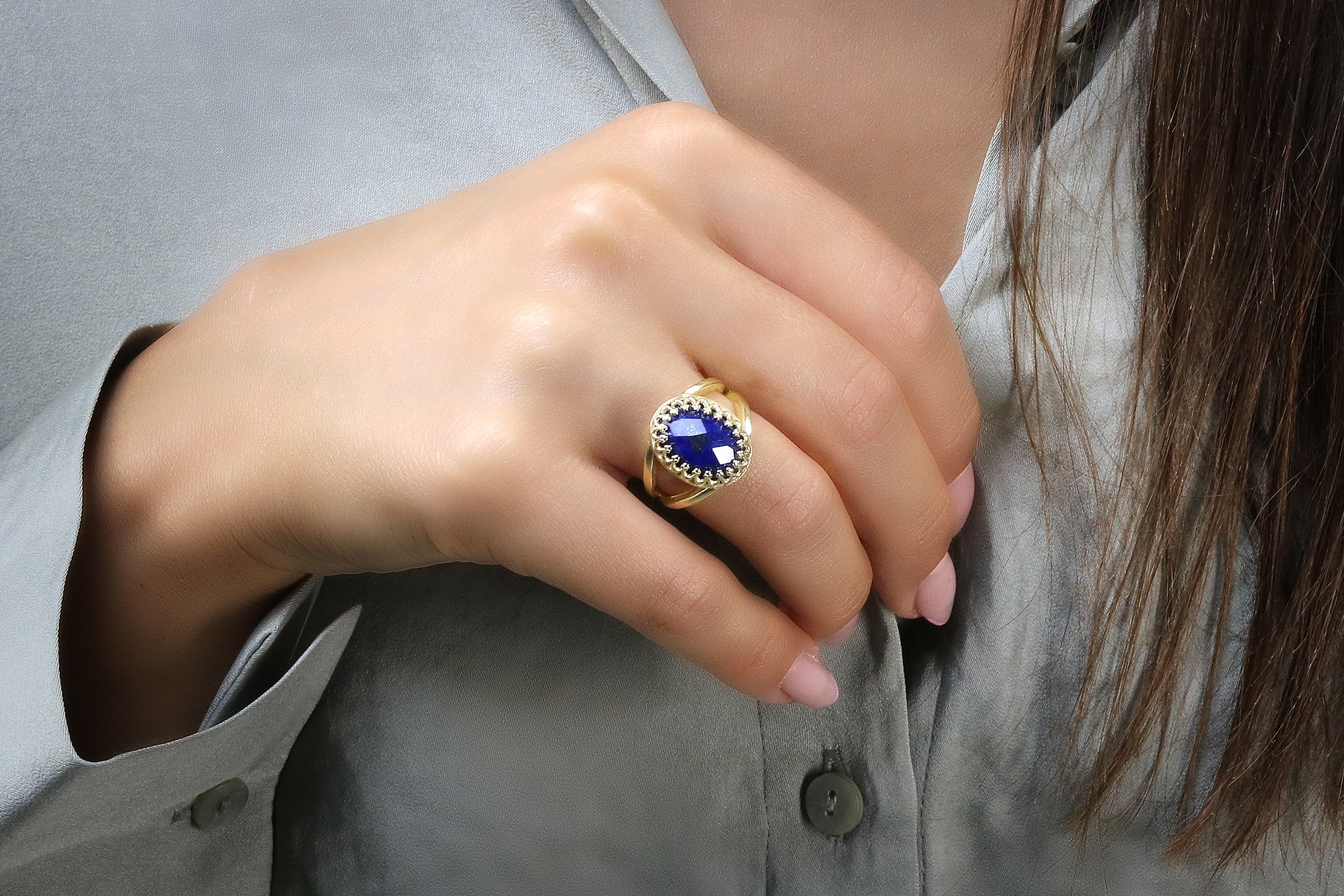Stunning Oval Lapis Lazuli Ring in 14k Gold-filled Double Band Rings Anemone Jewelry