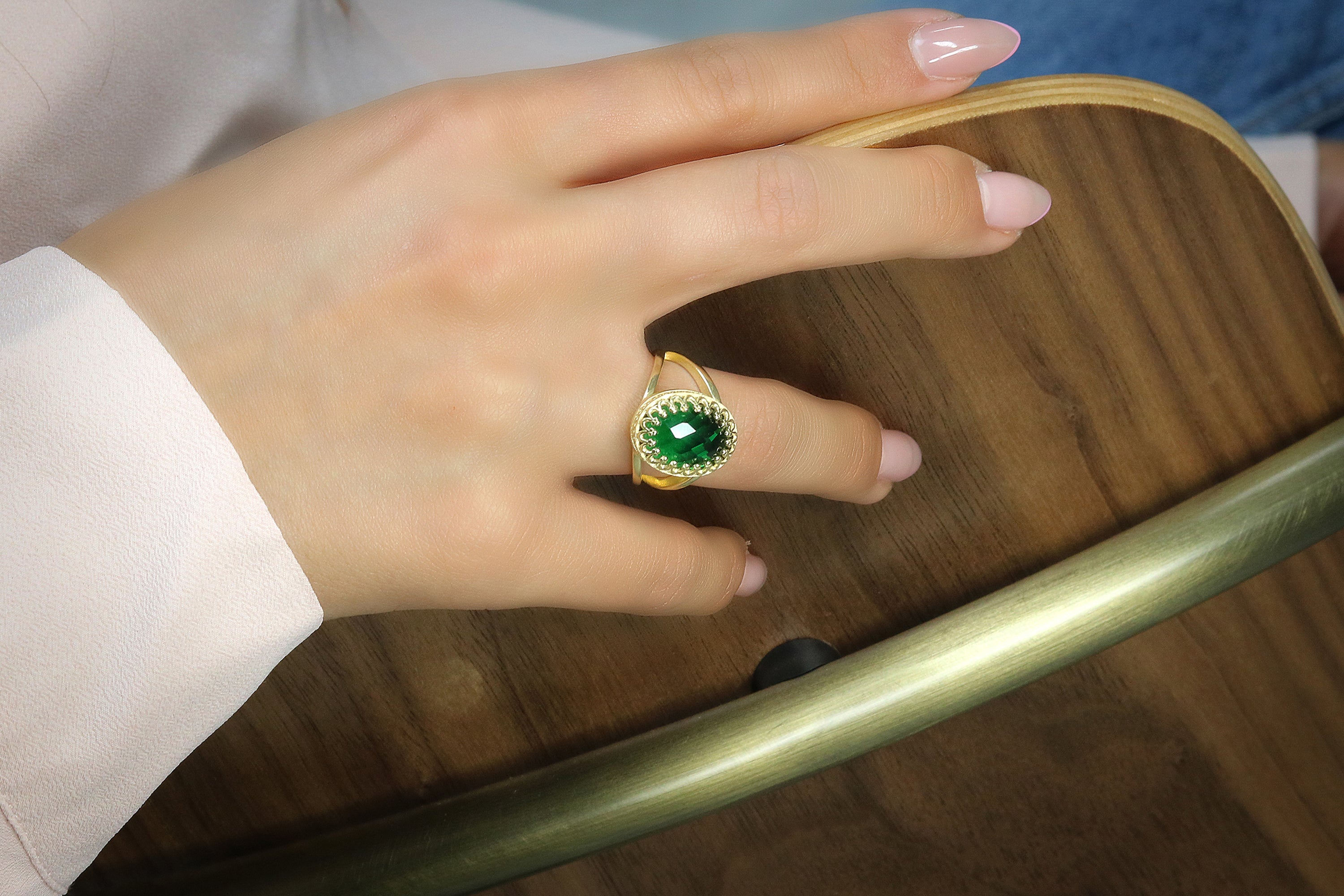 Vintage Inspired Large Oval Emerald Gold Ring Rings Anemone Jewelry