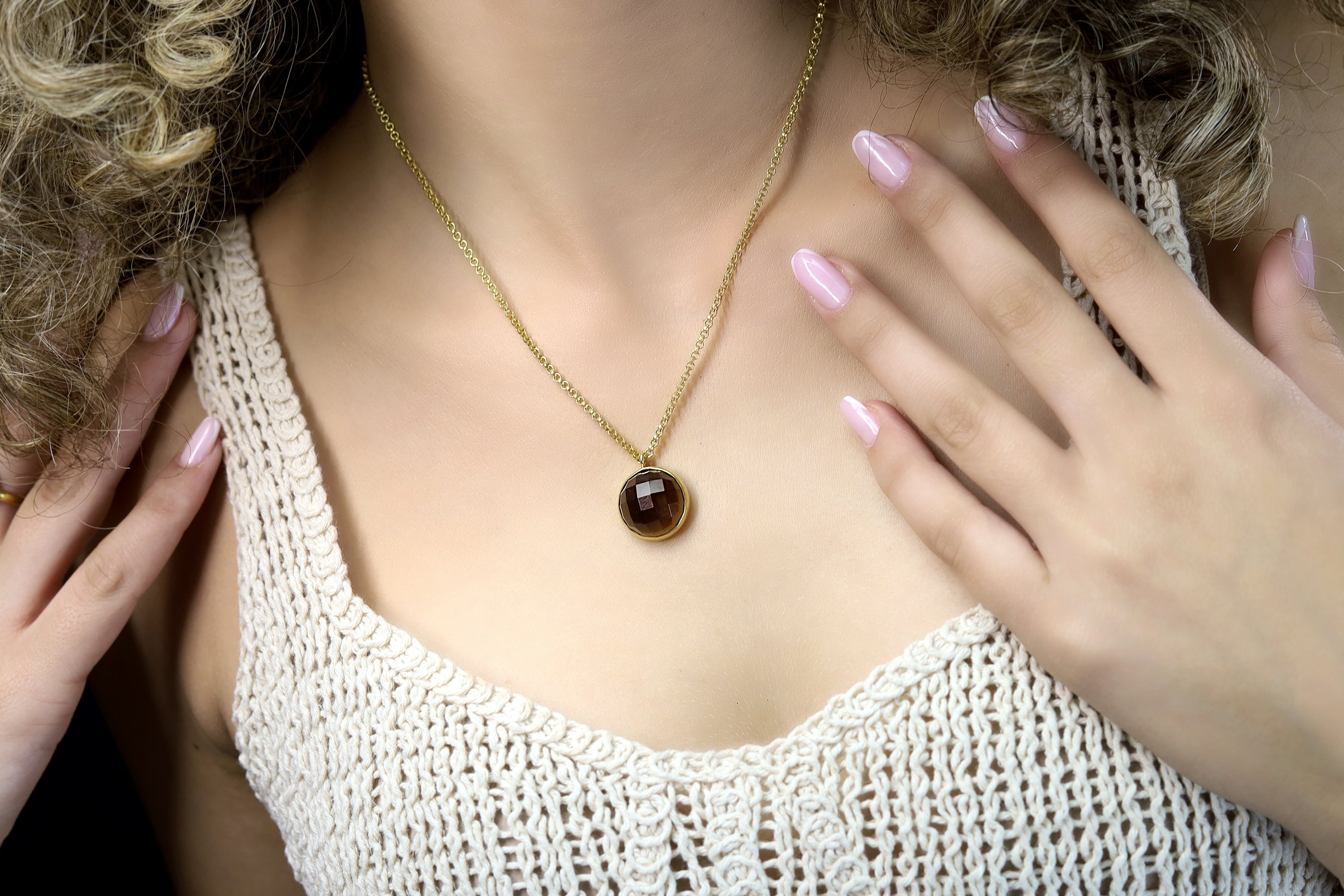 Bezel Set Brown Smoky Quartz Round Pendant Necklace necklaces Anemone Limited