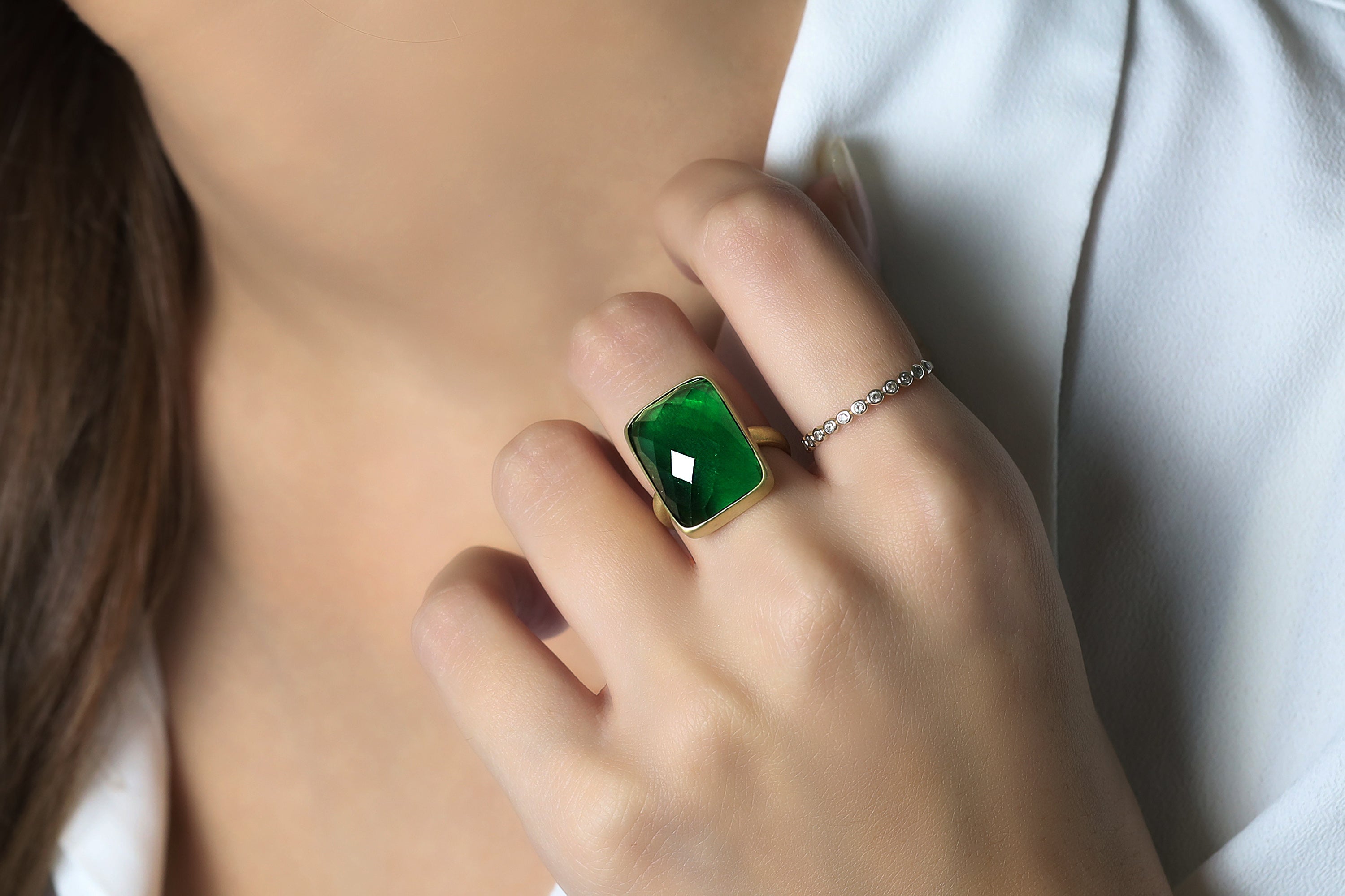 Sterling Silver Rectangle Cut Emerald Bezel Ring Rings Anemone Limited