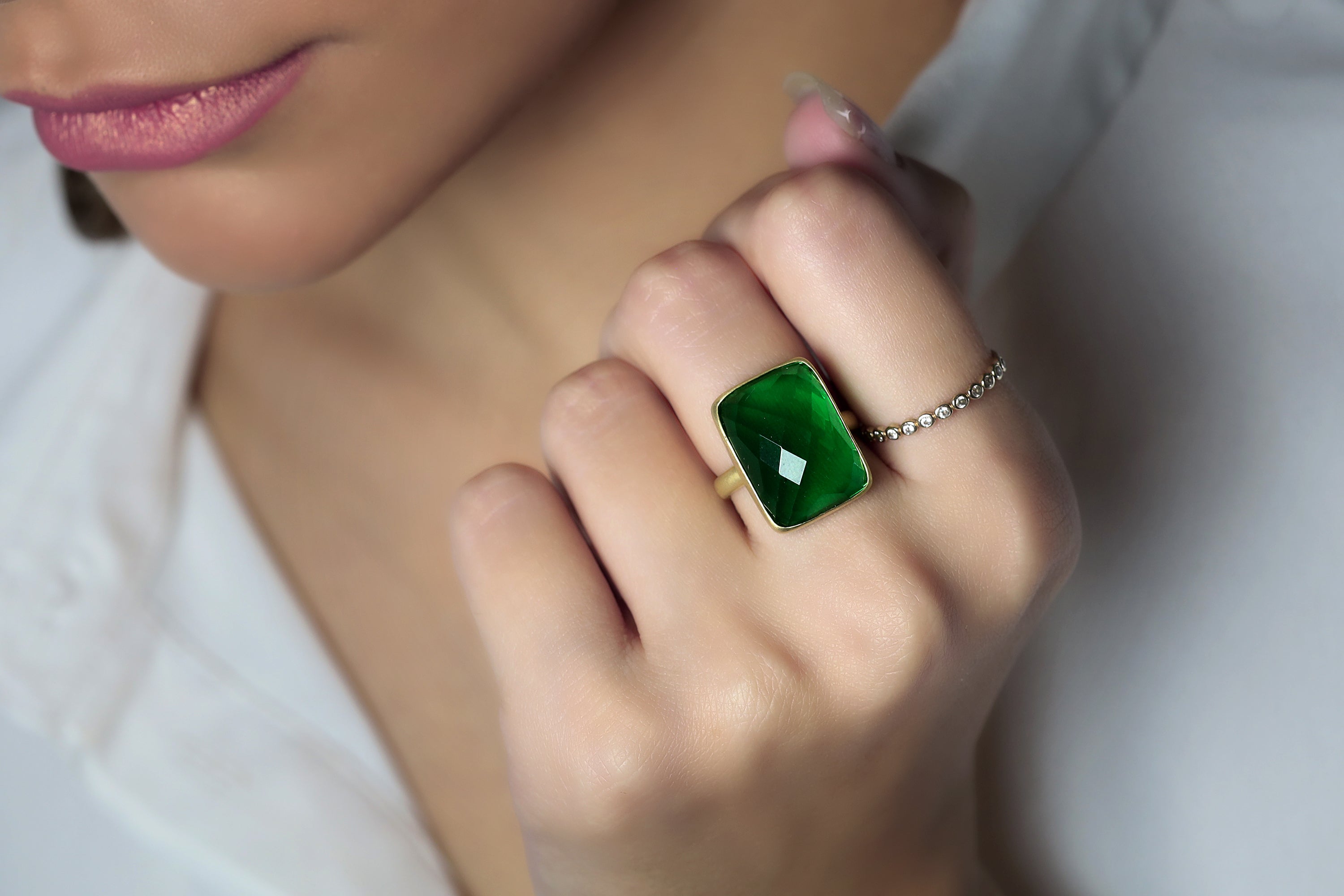 Gold Emerald Rectangle Bezel Set Ring Rings Anemone Limited