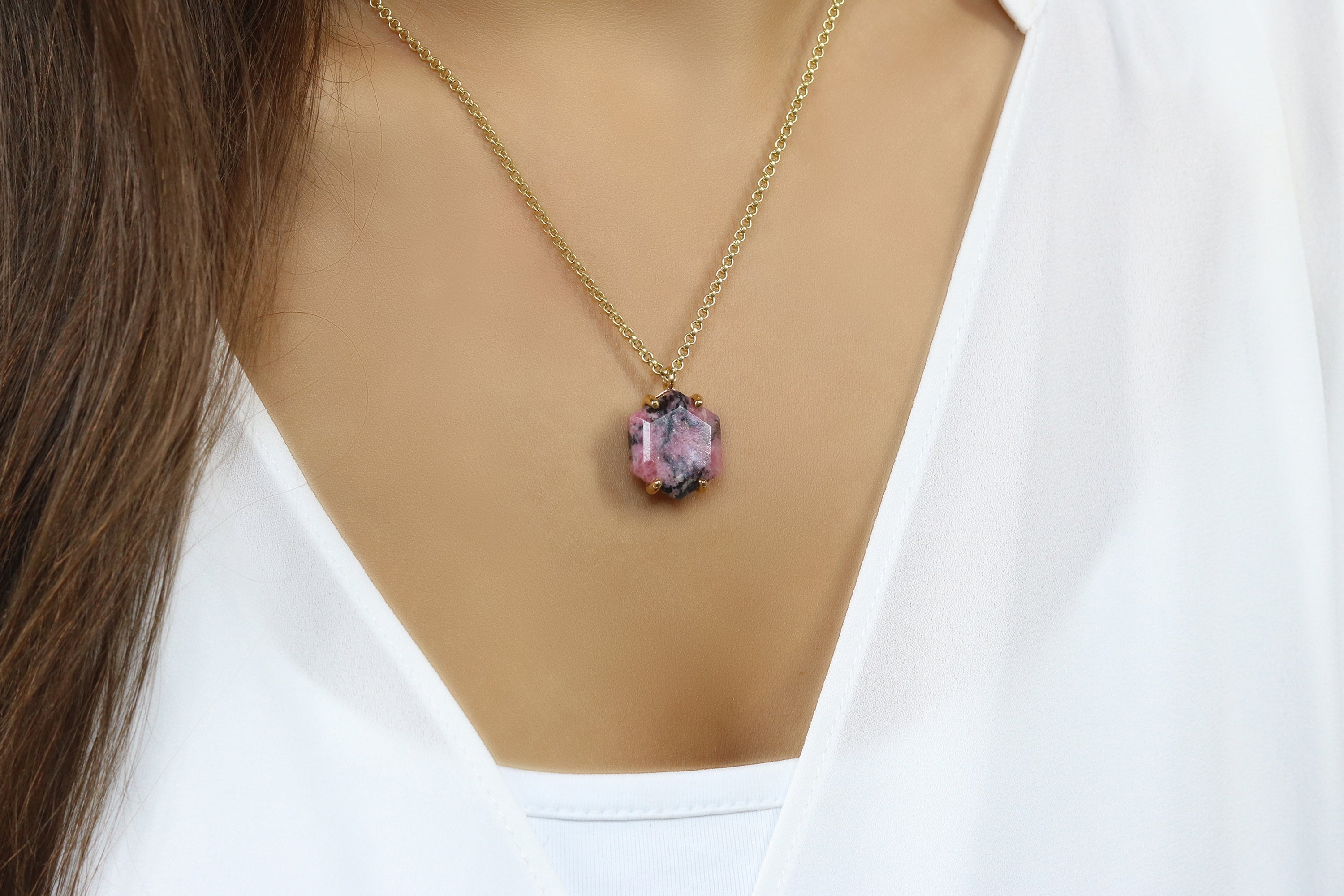 Large Hexagon Rhodonite Necklace in Gold necklaces Anemone Jewelry