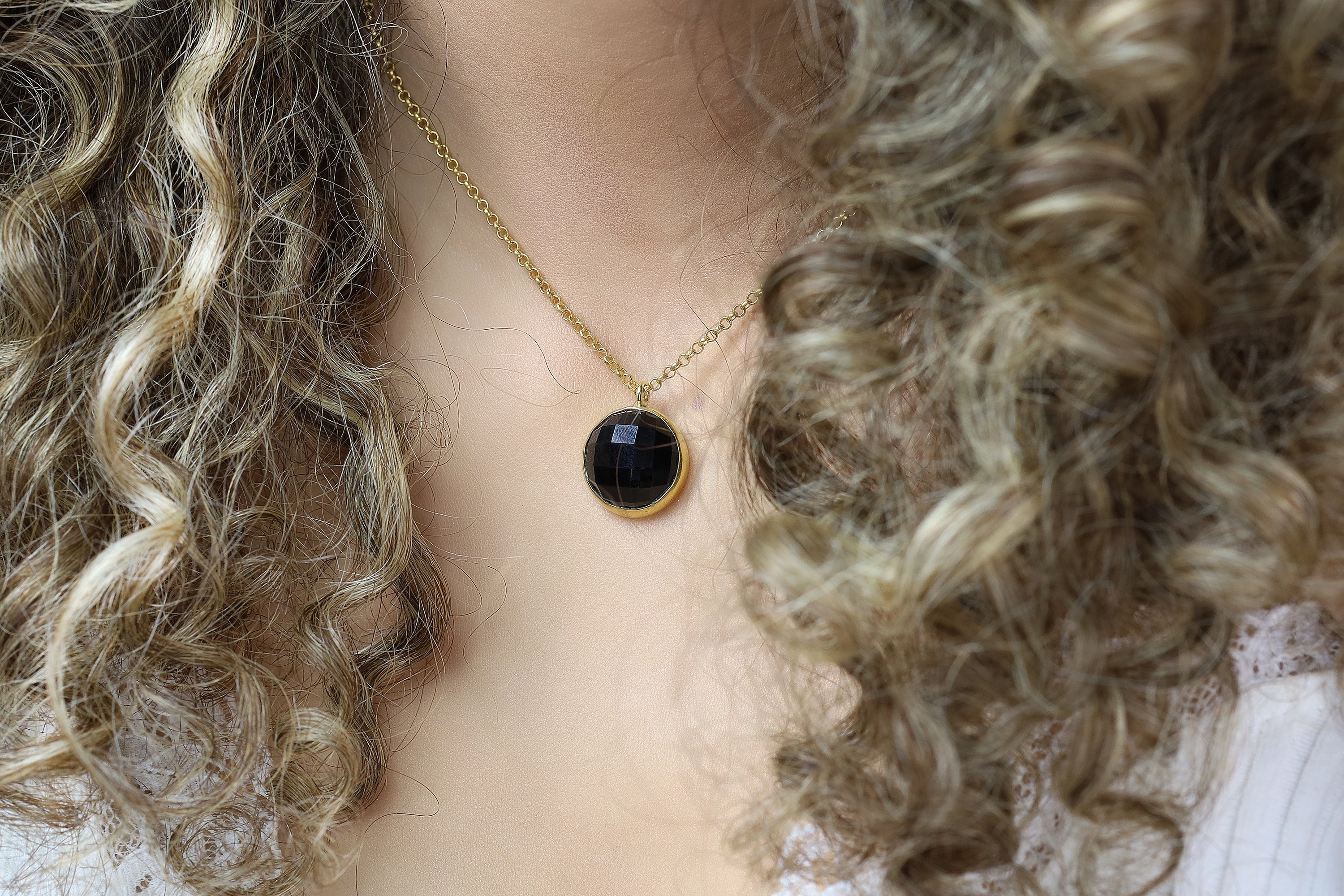 Black Onyx Semiprecious Long Gold Pendant Necklace necklaces Anemone Limited