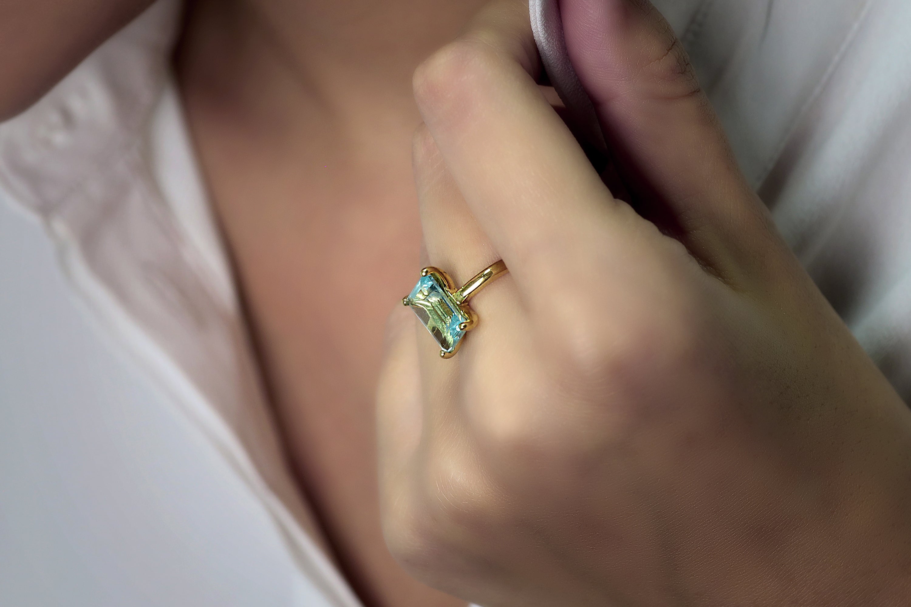 Blue Topaz Rectangle Gemstone Gold Ring Rings Anemone Unique