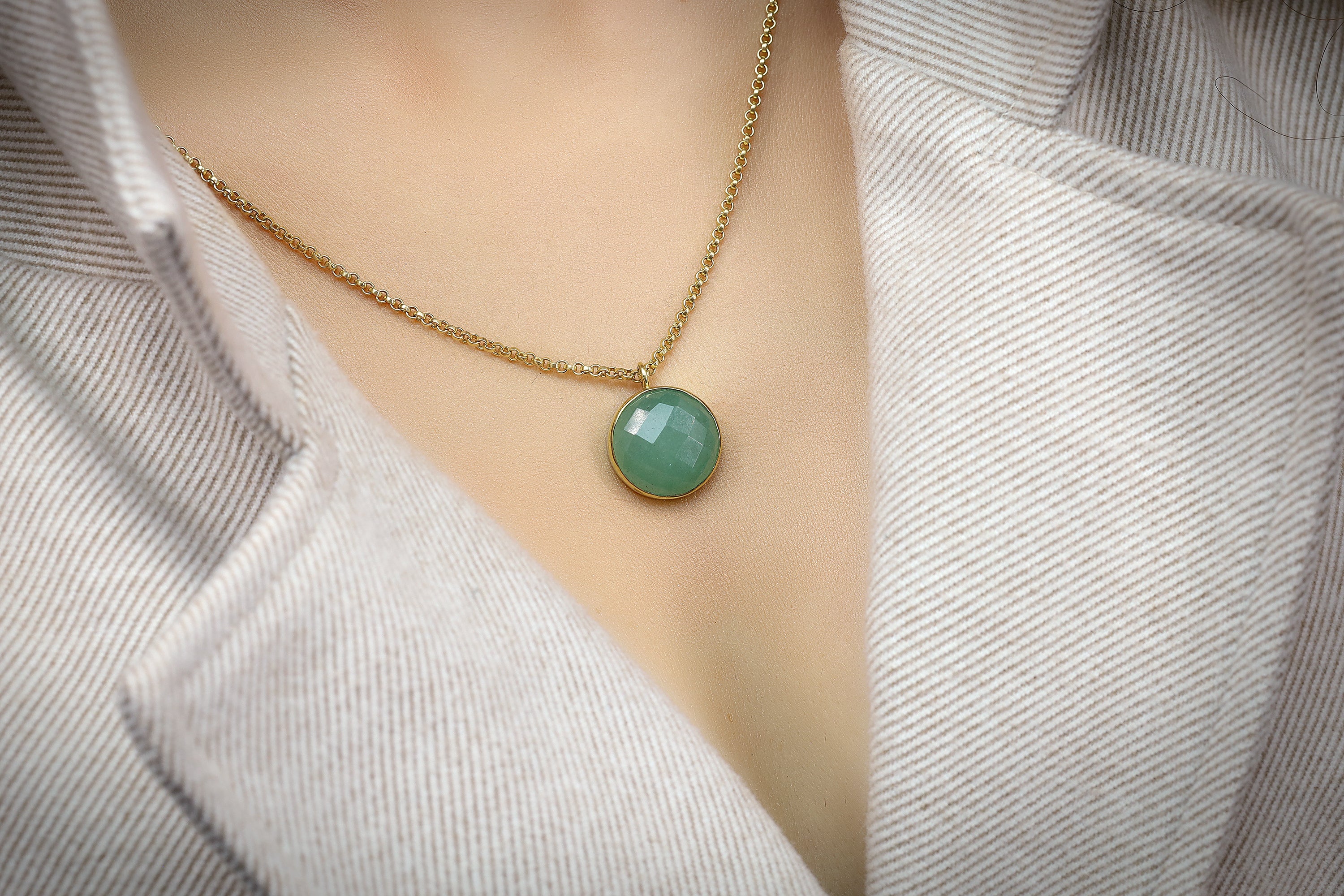 Green Aventurine Round Bezel Pendant Necklace necklaces Anemone Limited