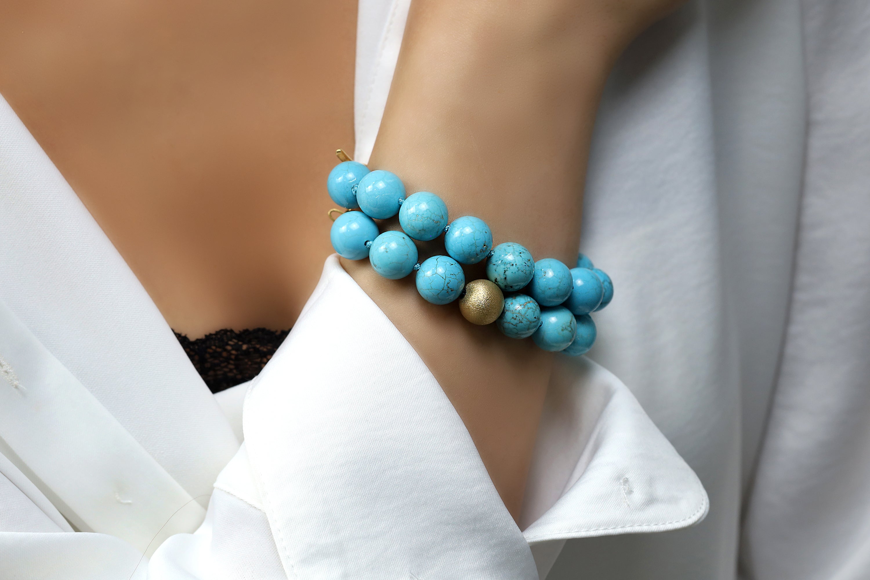 Turquoise Beaded Gold Bracelet with Brushed Gold Bead Bracelets Anemone Jewelry