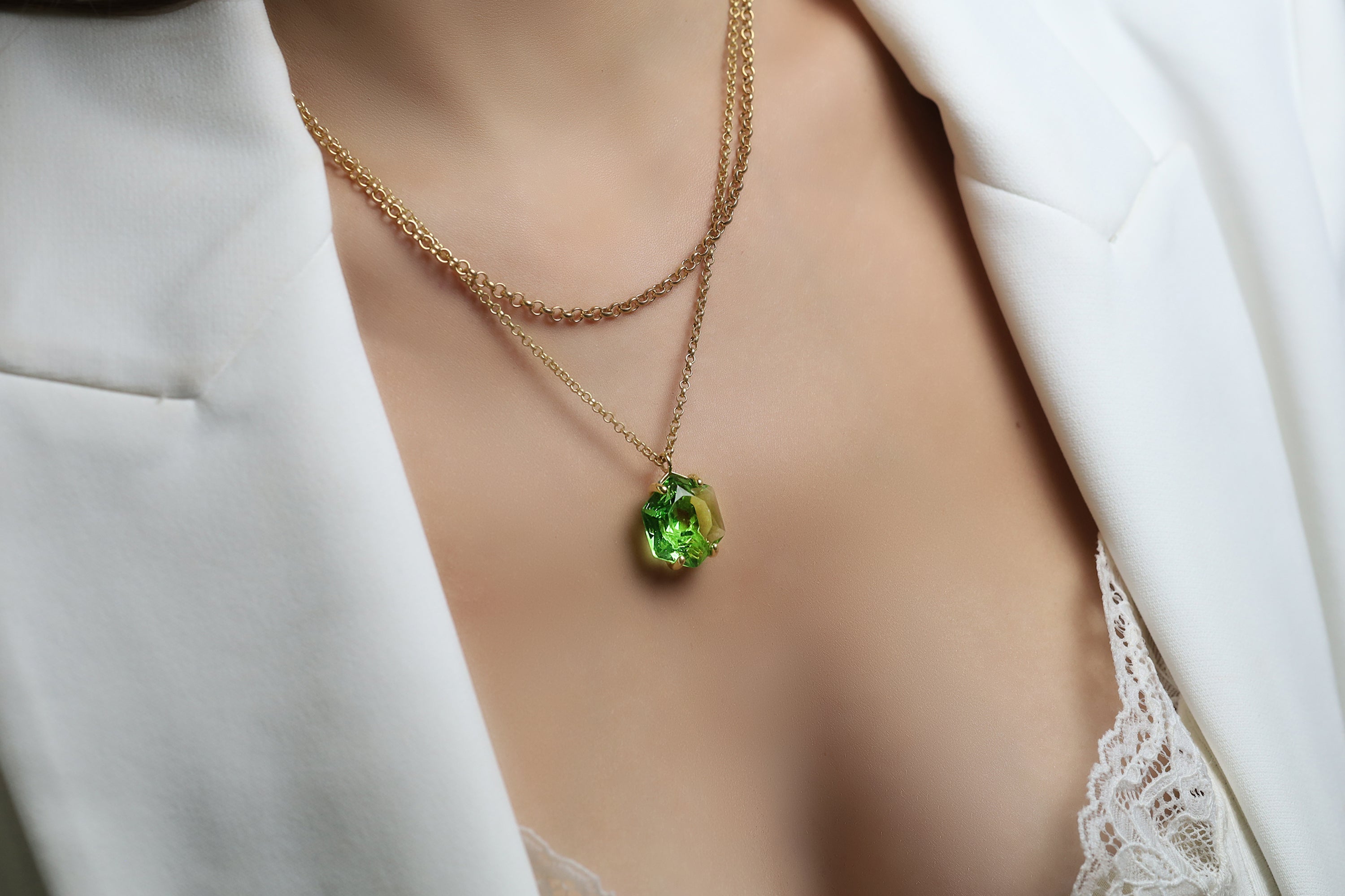 14k Gold Green Tourmaline Hexagon Cut Pendant Necklace necklaces Anemone Jewelry