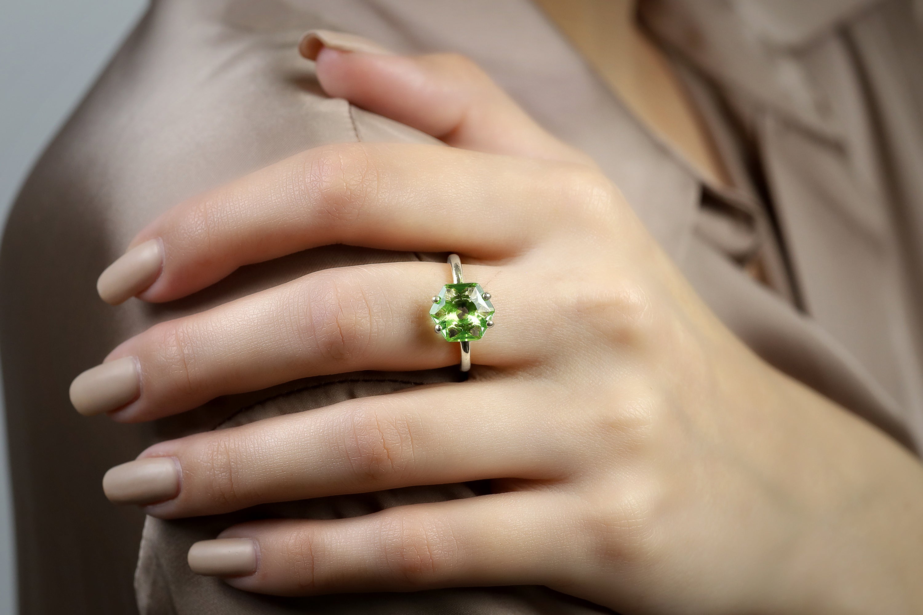 Hexagon Cut Green Tourmaline Solitaire Ring Rings Anemone Unique