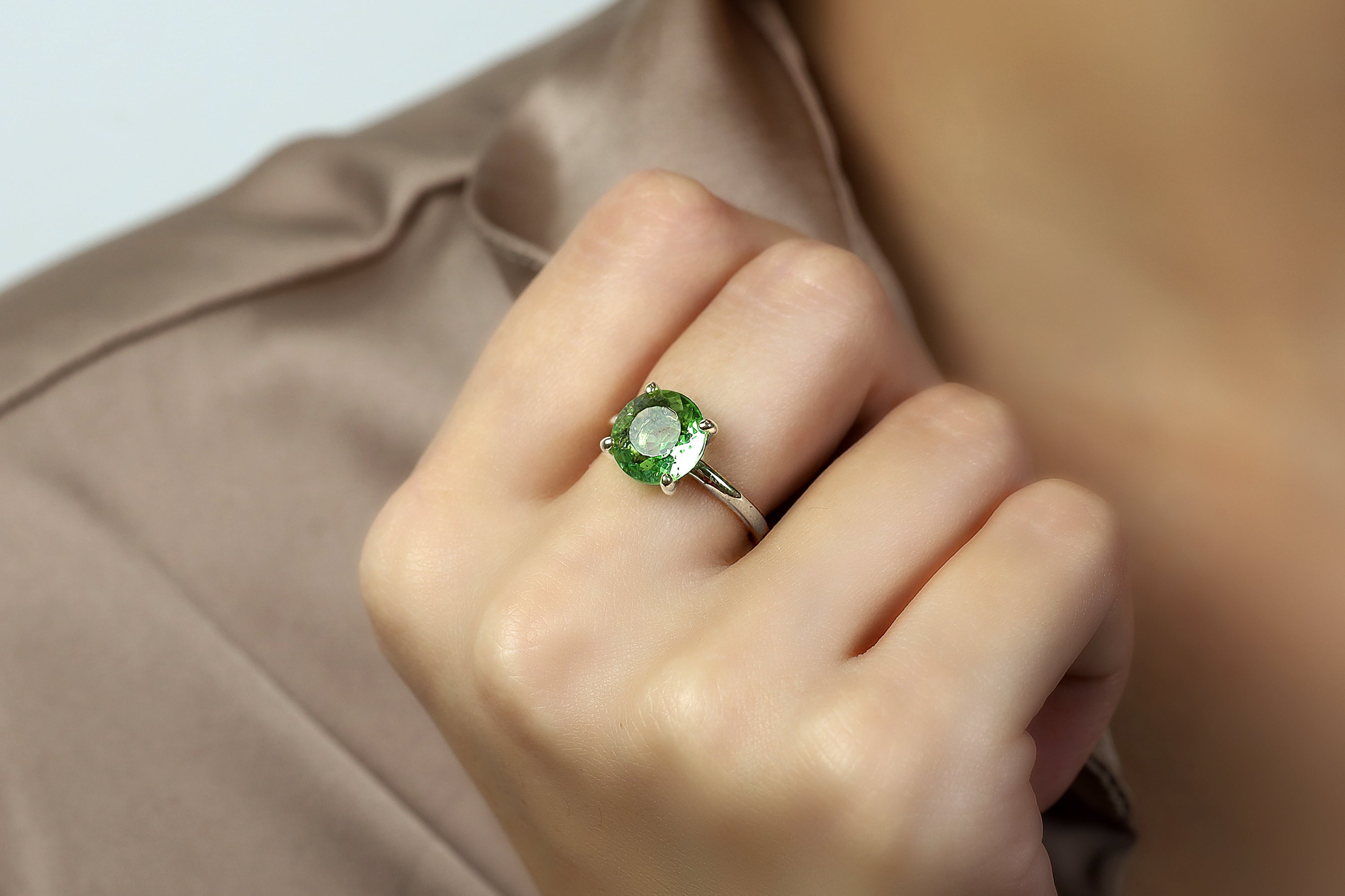 Solitaire Gold Ring with Green Tourmaline Gemstone Rings Anemone Unique