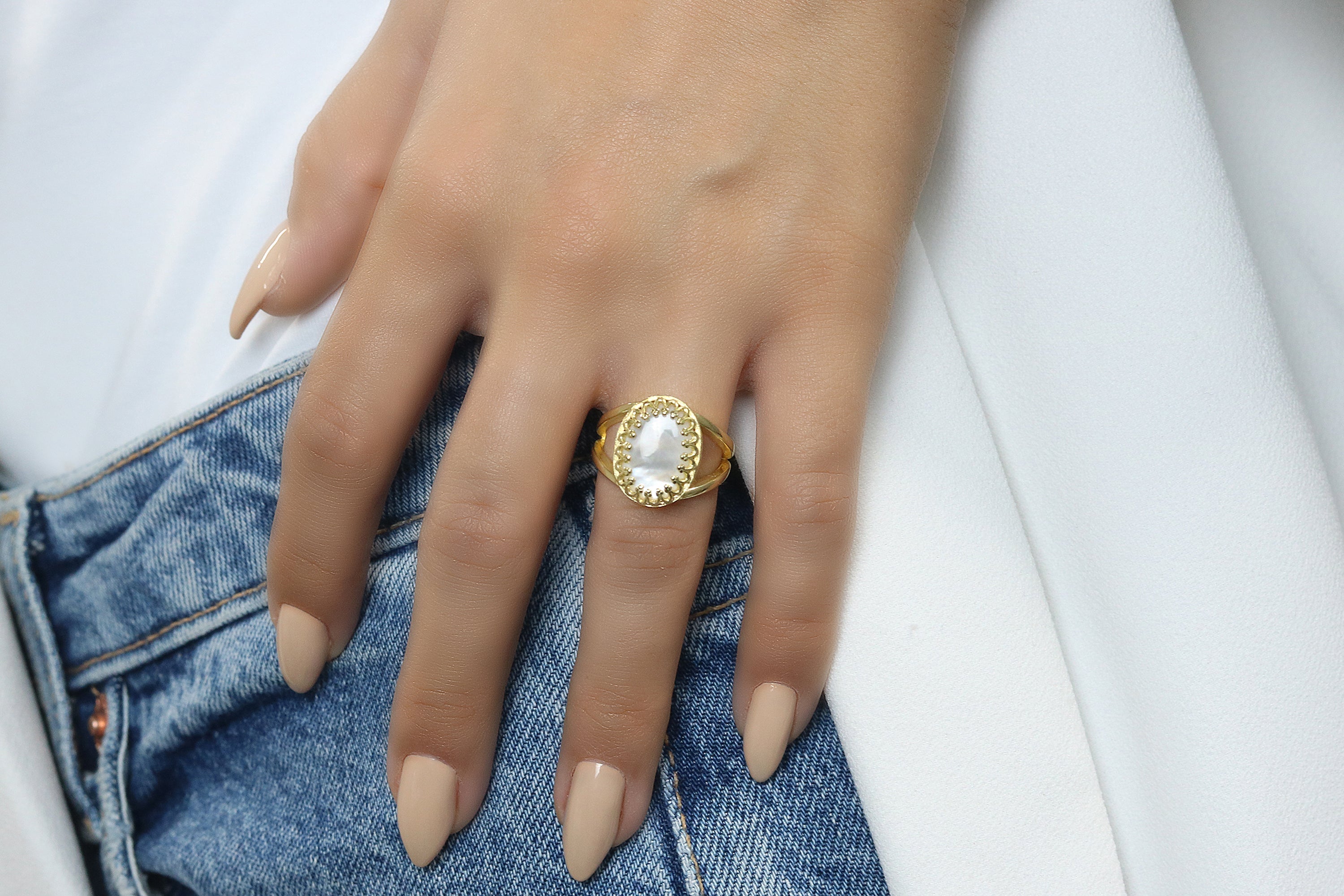 Handmade Oval Mother of Pearl Rose Gold Ring Rings Anemone Jewelry