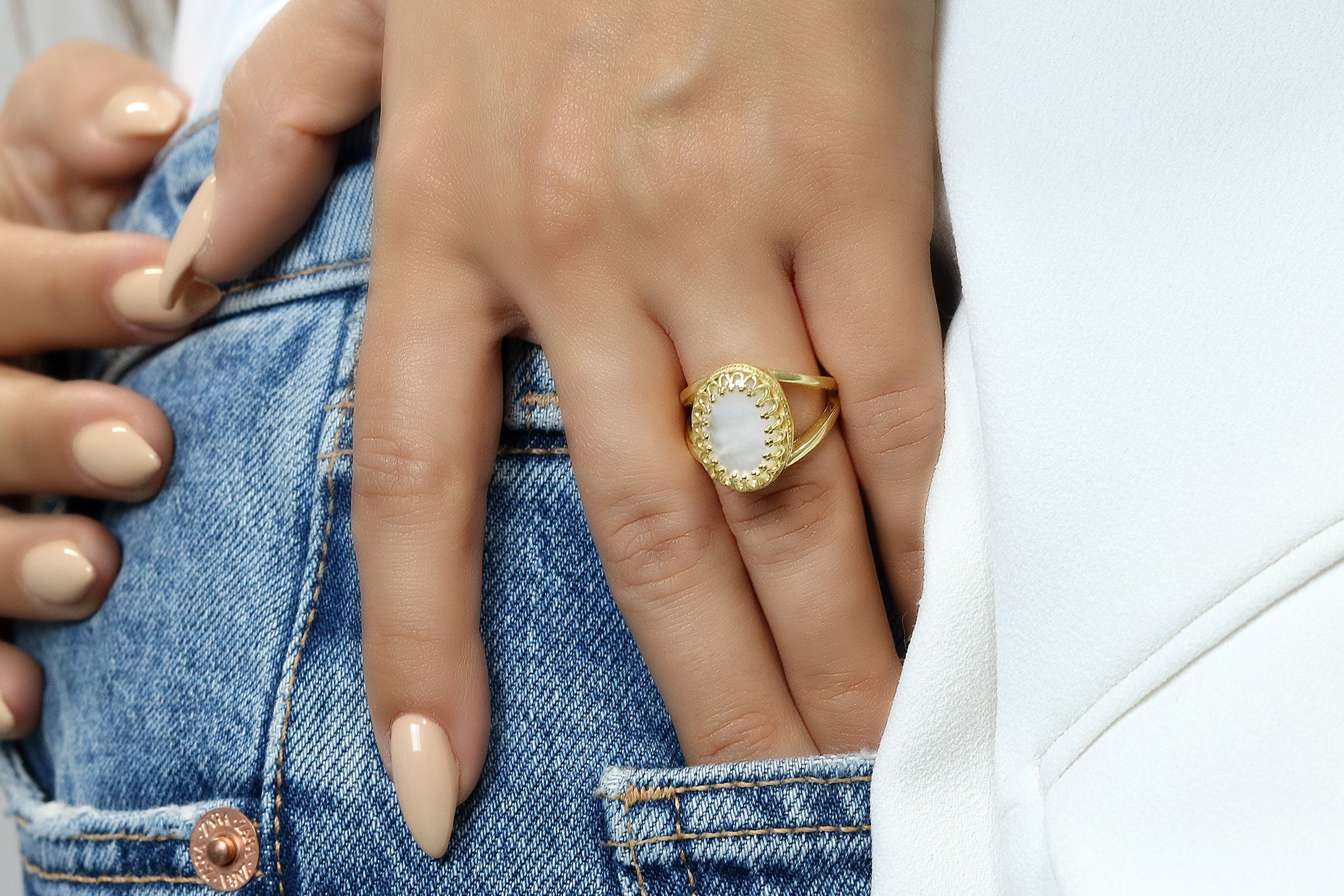 Oval Mother of Pearl Ring in 14k Gold Rings Anemone Jewelry