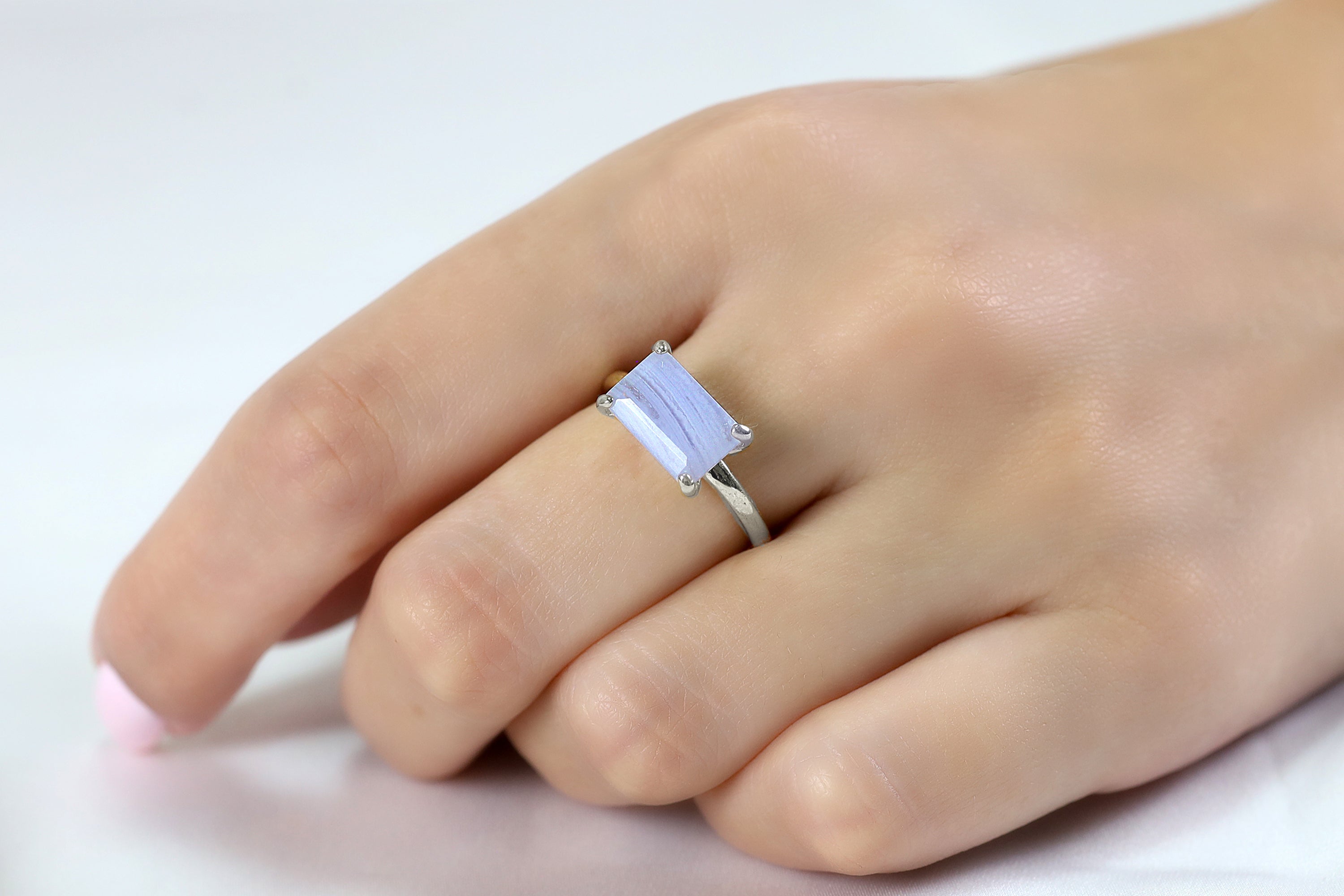 Horizontal Blue Lace Agate Rectangle Ring Rings Anemone Unique
