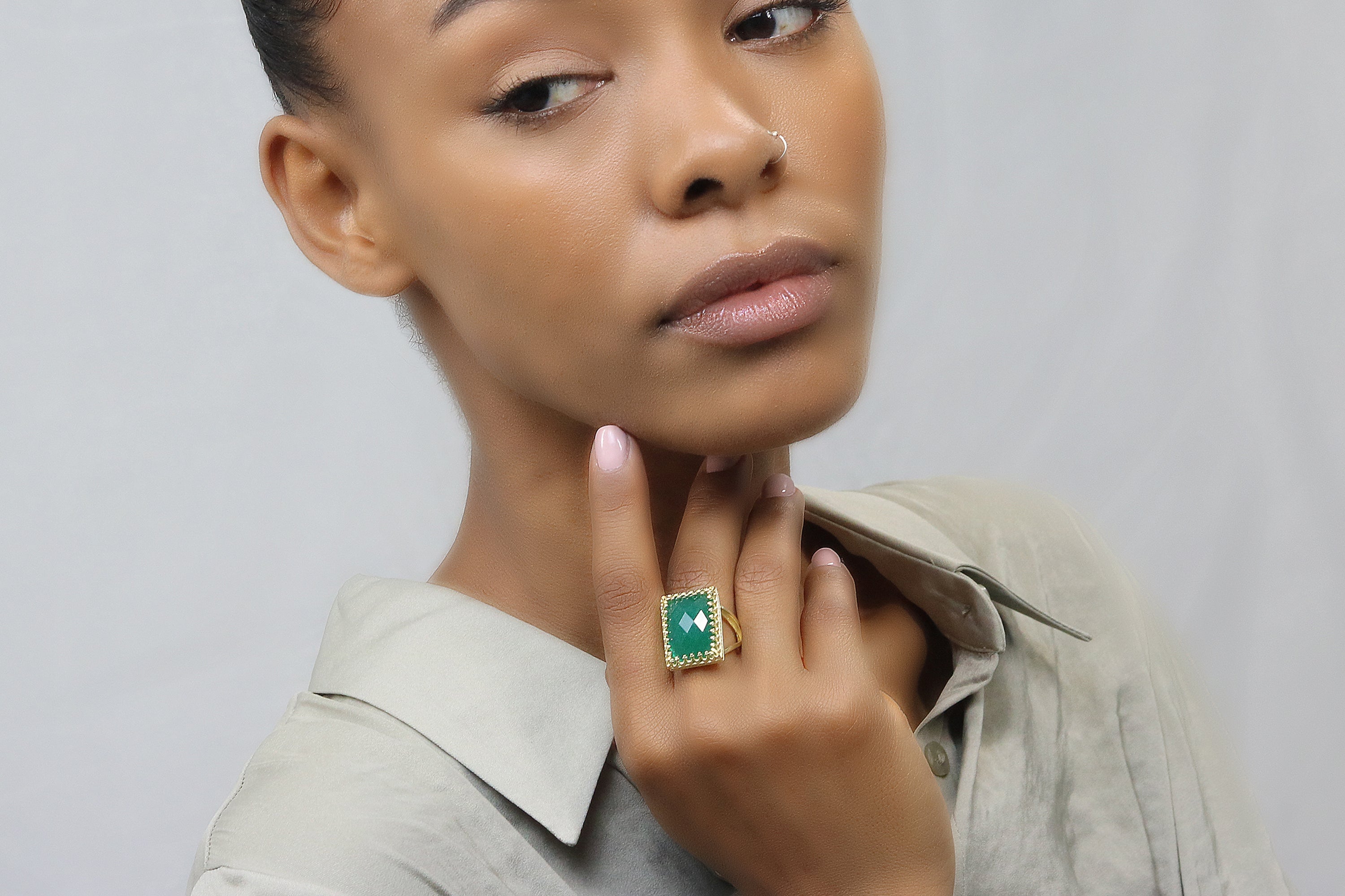 Natural Green Onyx Gemstone Custom Gold Ring Rings Anemone Jewelry