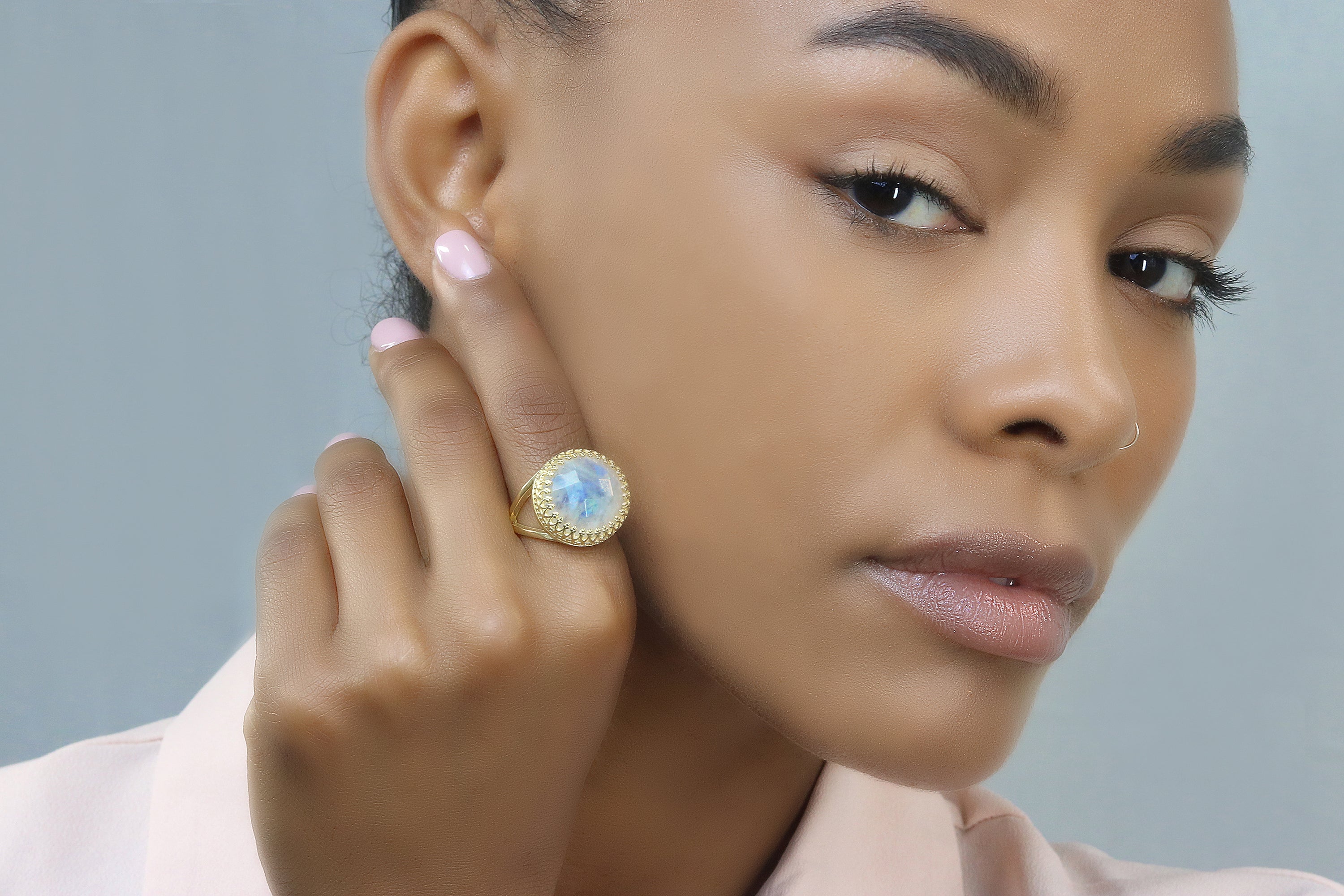 Round Rainbow Moonstone Ring in Gold Filled Band Rings Anemone Jewelry