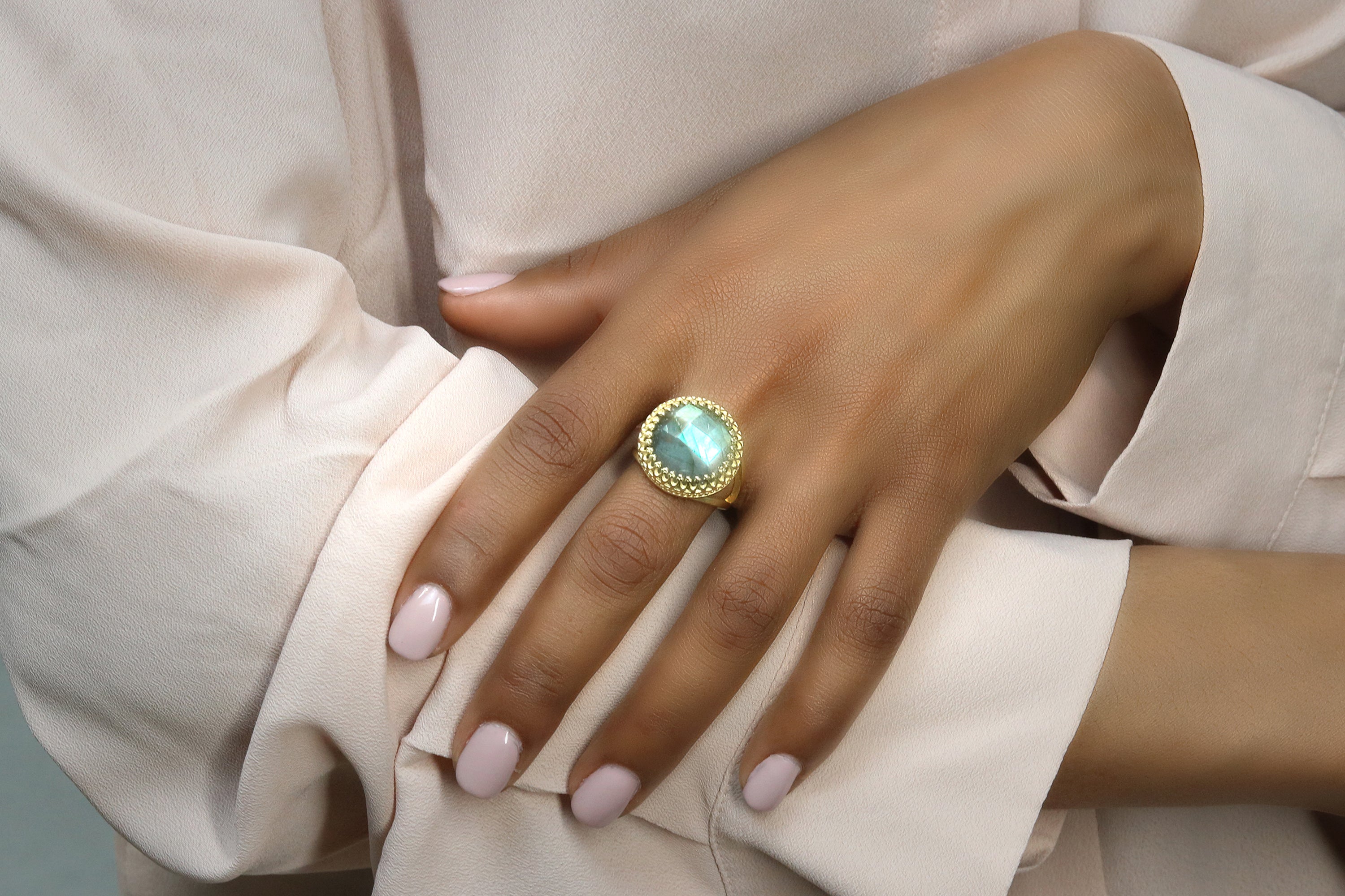Exquisite Round Labradorite Ring in 14K Rose Gold Rings Anemone Jewelry