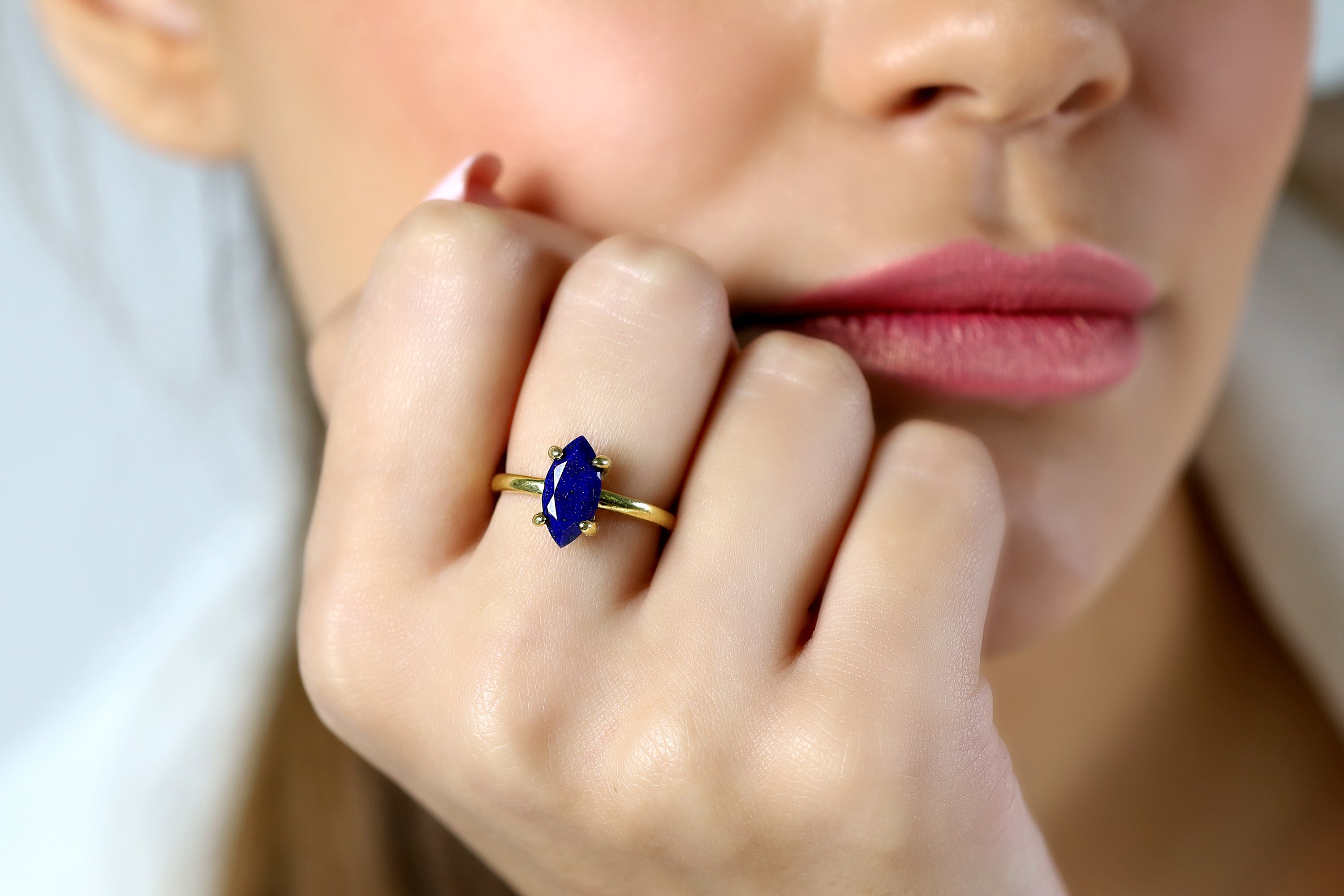 Rose Gold Marquise Lapis Lazuli Solitaire Ring Rings Anemone Unique