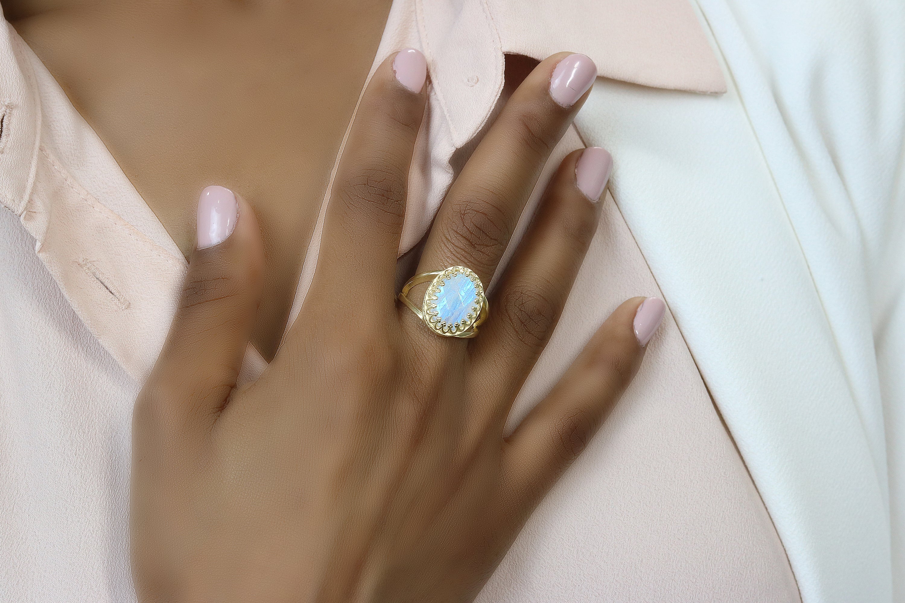 Dreamy Oval Rainbow Moonstone Ring in Sterling Silver Rings Anemone Jewelry