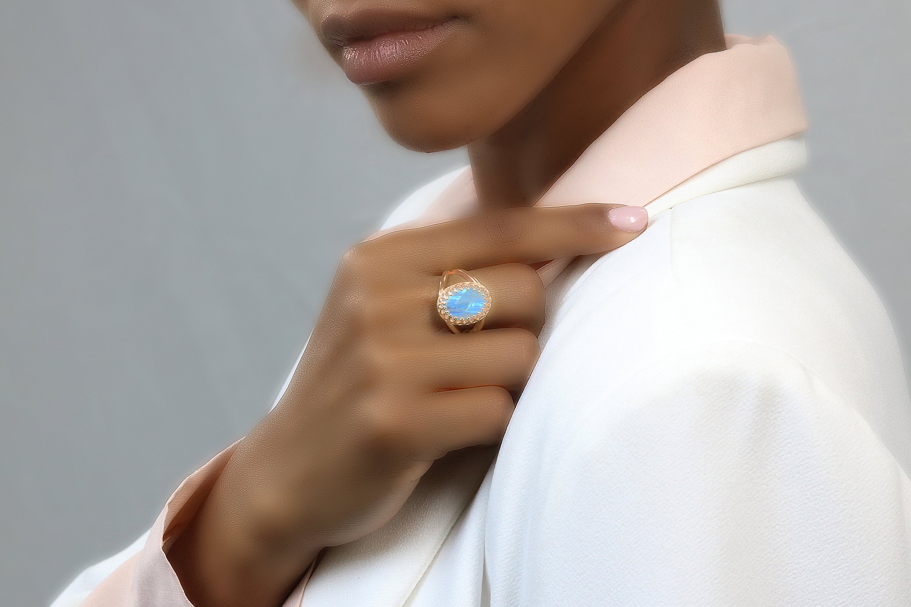 Adorable Oval Moonstone Ring with 14K Rose Gold-filled Band Rings Anemone Jewelry