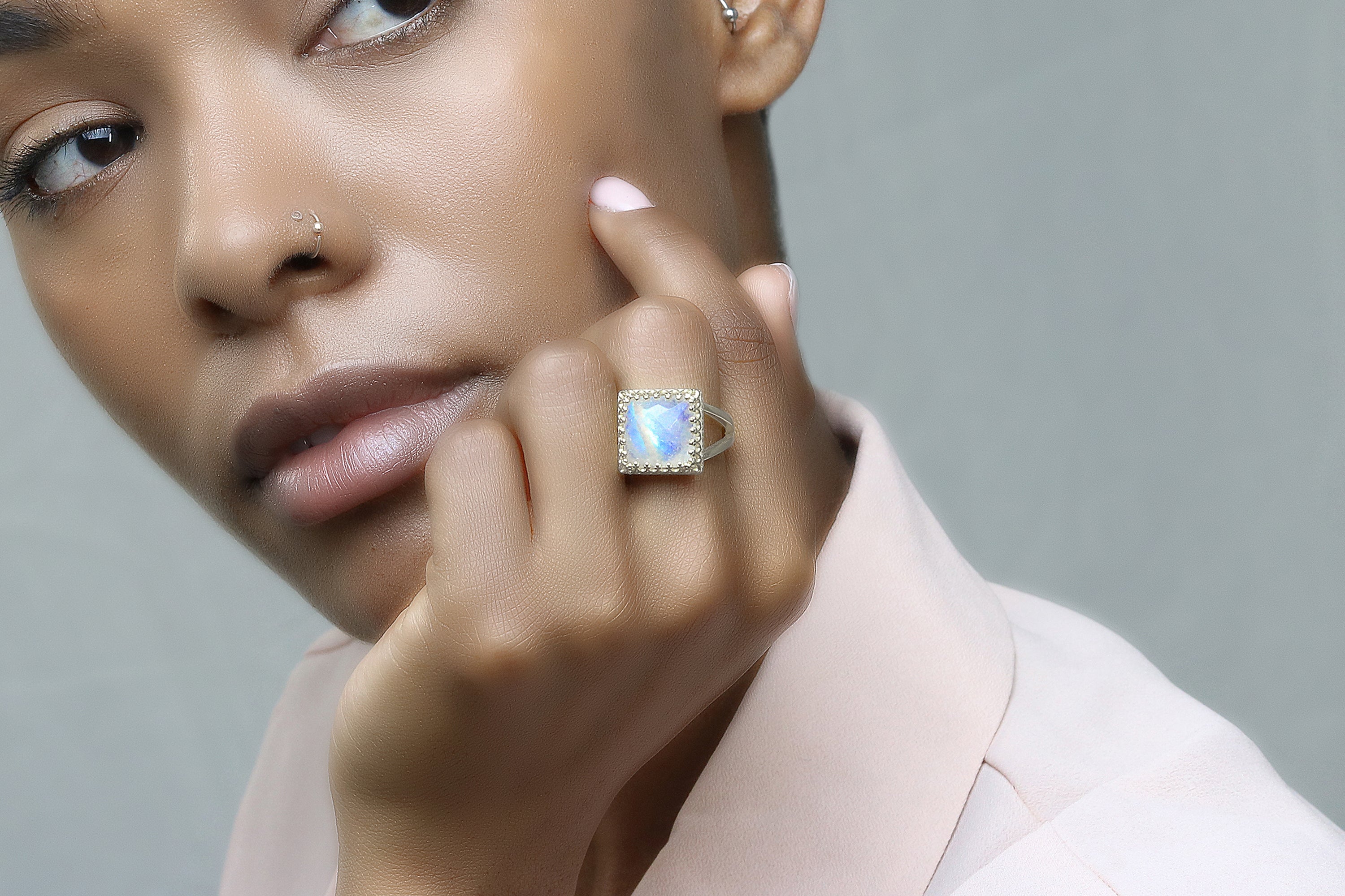 Elegant Rainbow Moonstone Ring in Sterling Silver Rings Anemone Jewelry