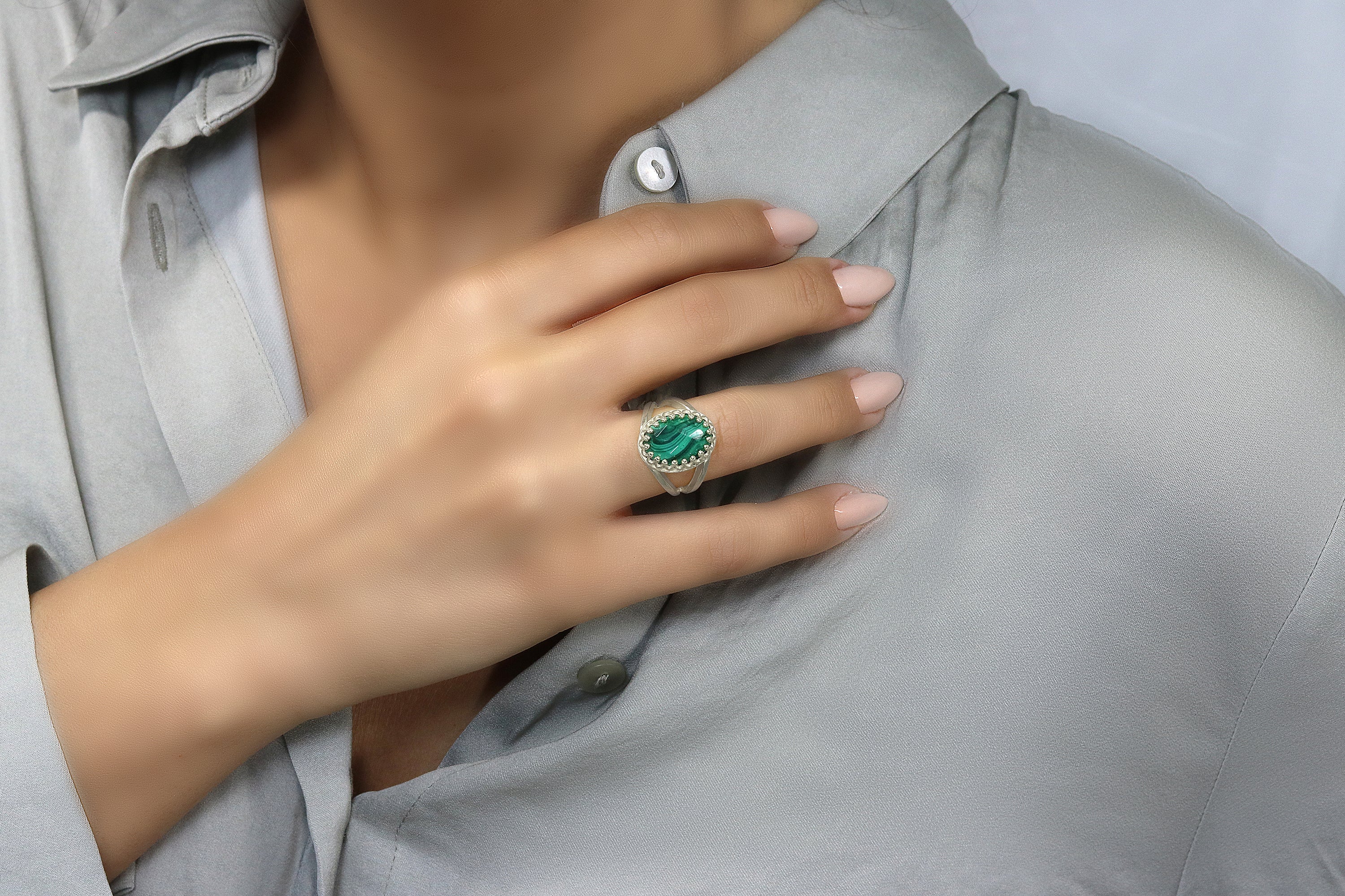 Elegant Malachite Ring with 14K Rose Gold-filled Band Rings Anemone Jewelry