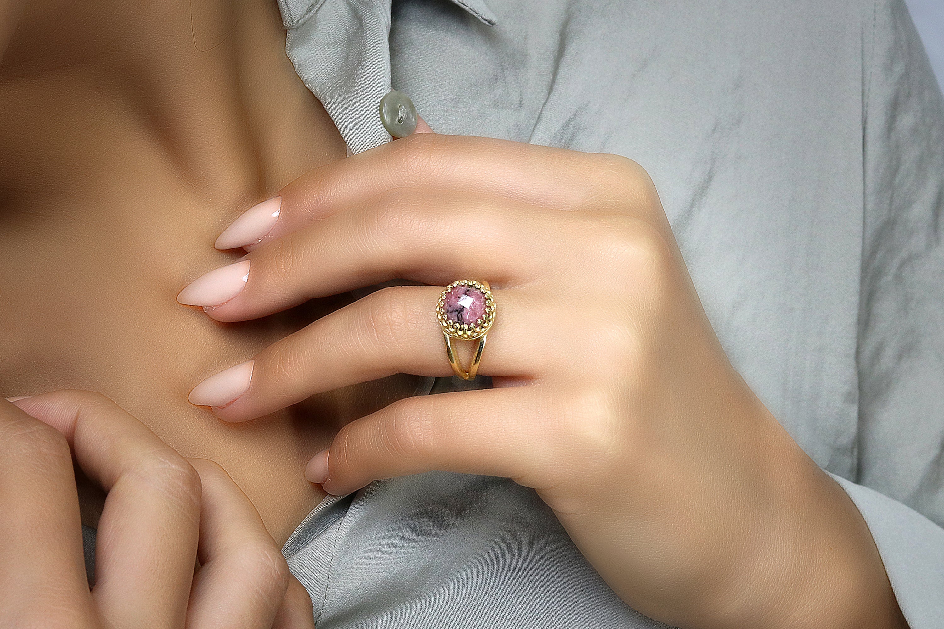 Pink Rhodonite Gemstone in 925 Sterling Silver Rings Anemone Jewelry