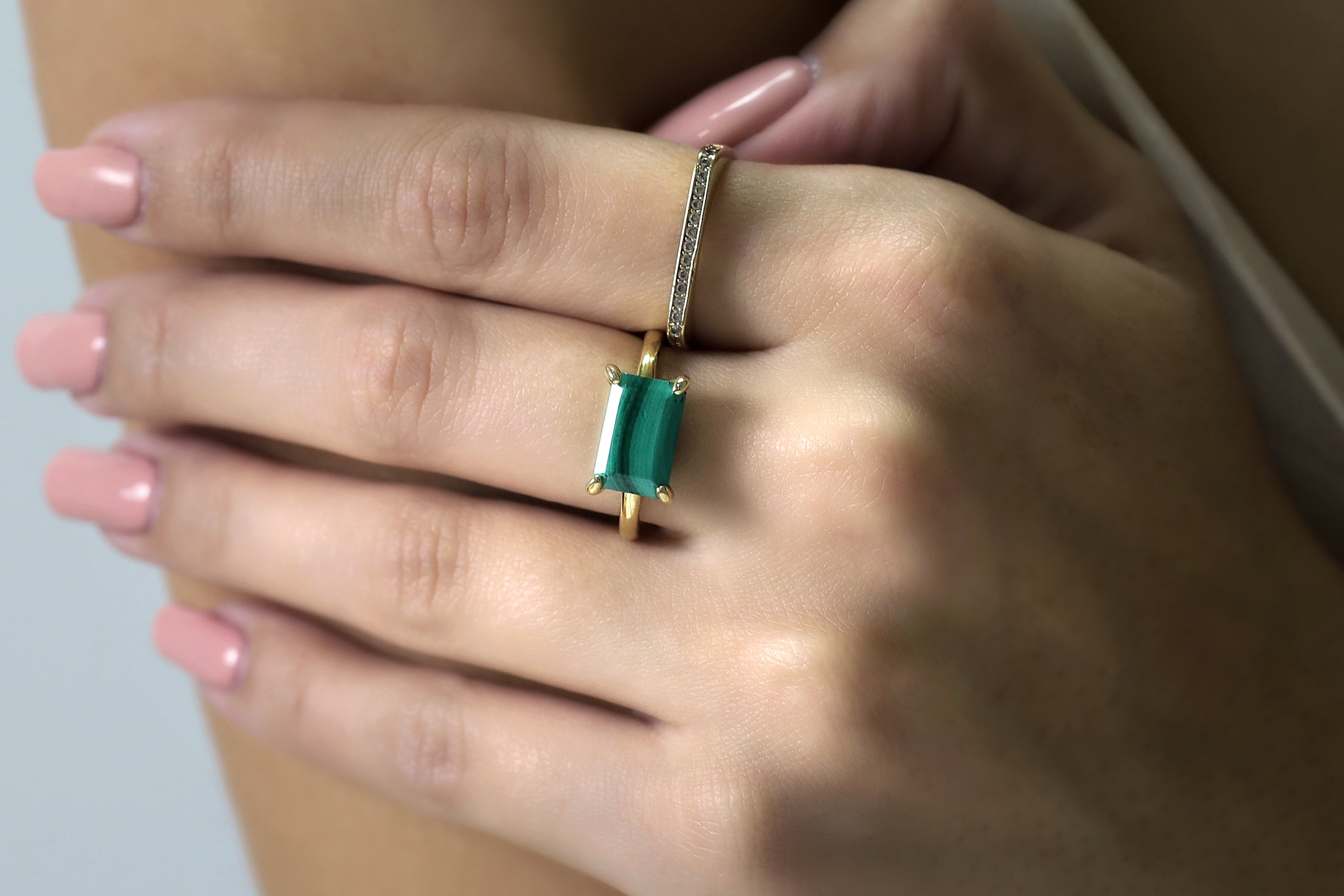 Yellow Gold Rectangle Malachite Ring Rings Anemone Unique