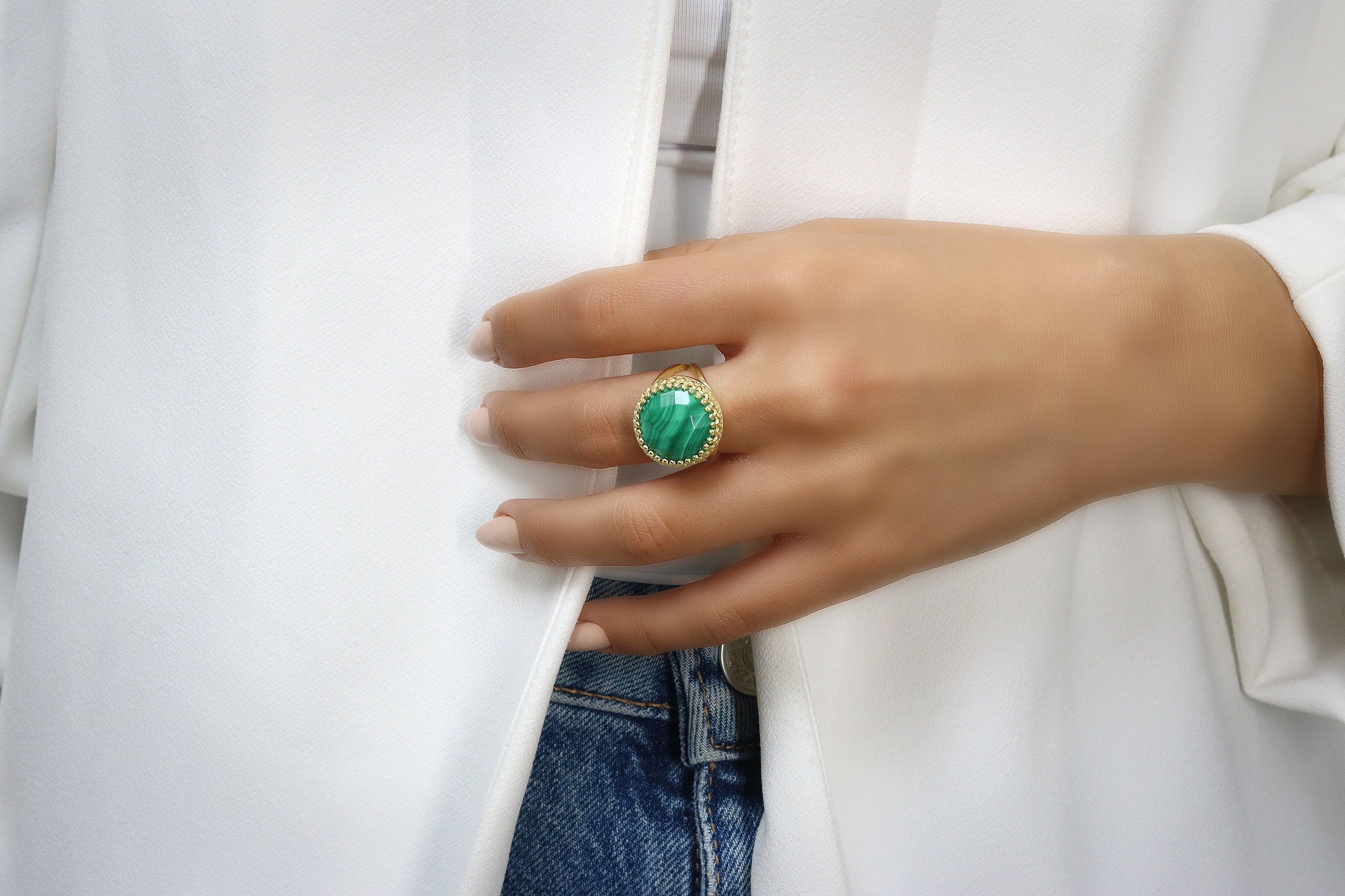 Adorable Green Malachite Ring in 925 Sterling Silver Rings Anemone Jewelry