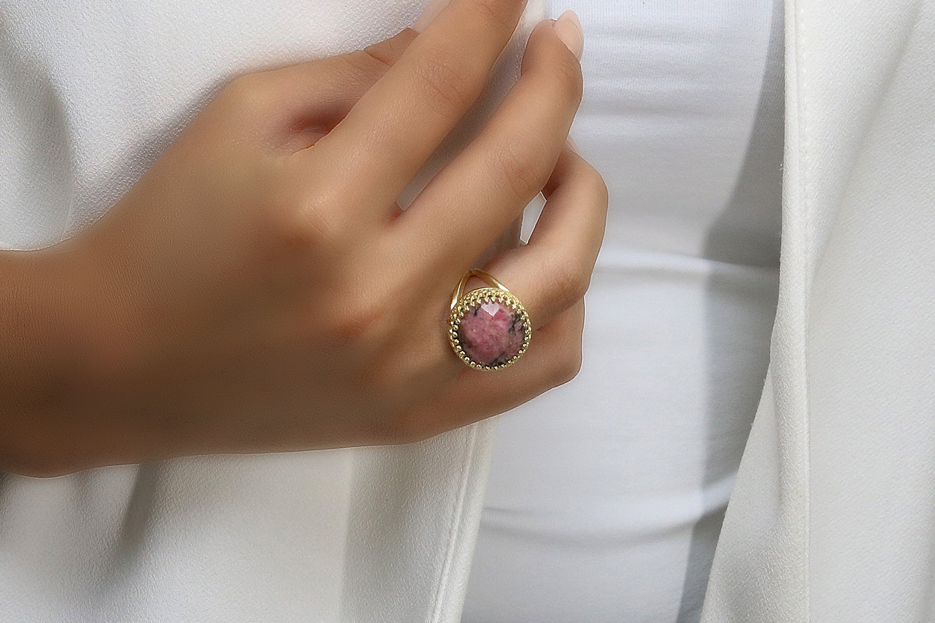 Fine Rhodonite Ring with 14K Rose Gold-filled Band Rings Anemone Jewelry