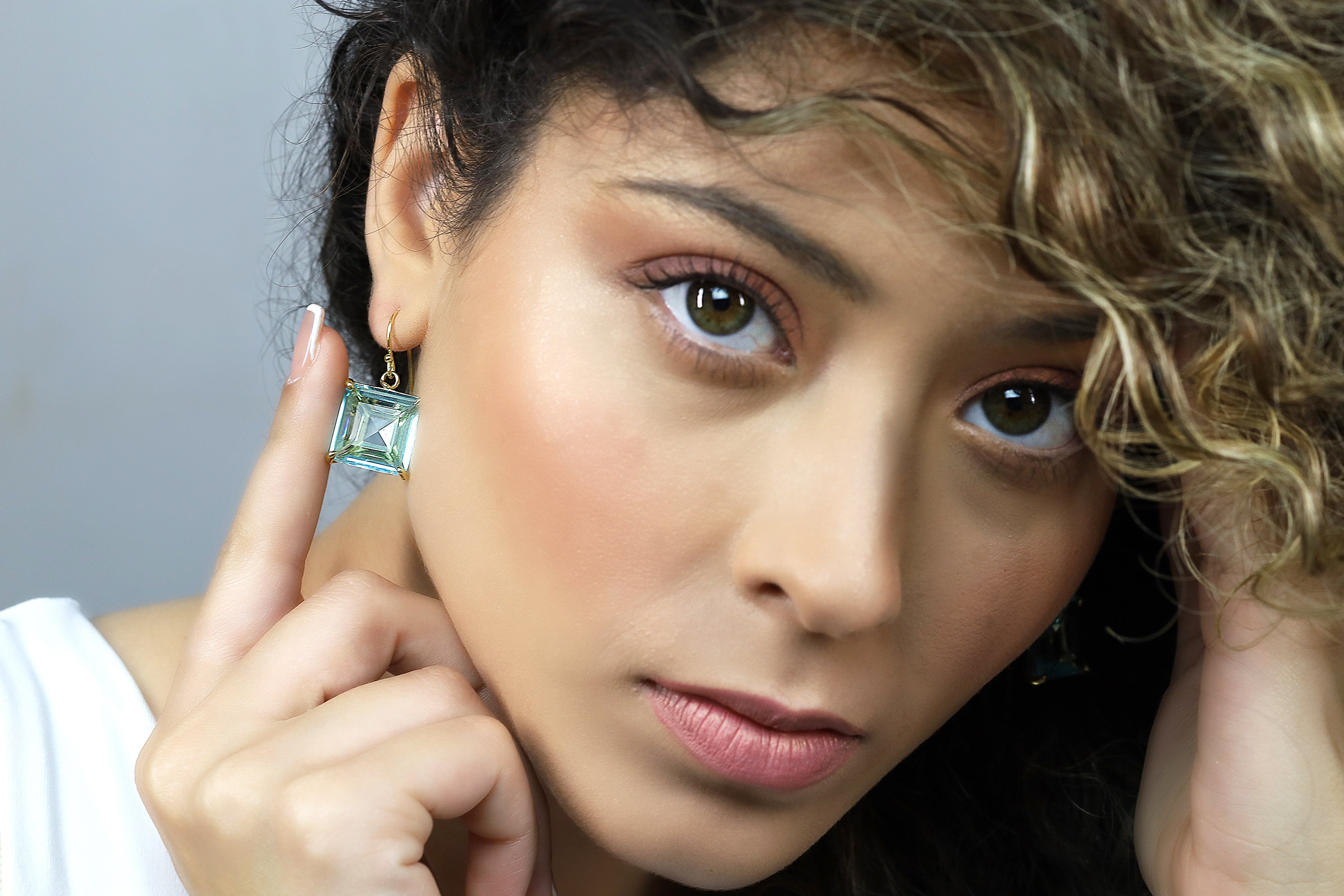 Blue Topaz Square Princess Cut Gold Dangle Earrings Earrings Anemone Jewelry