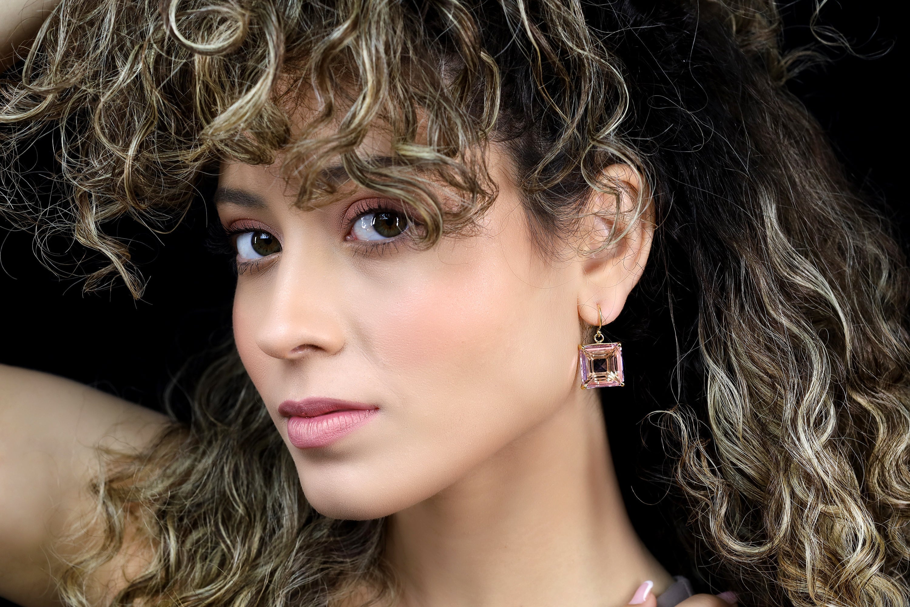 Rose Quartz Square Cut Dangle Gold Earrings Earrings Anemone Jewelry