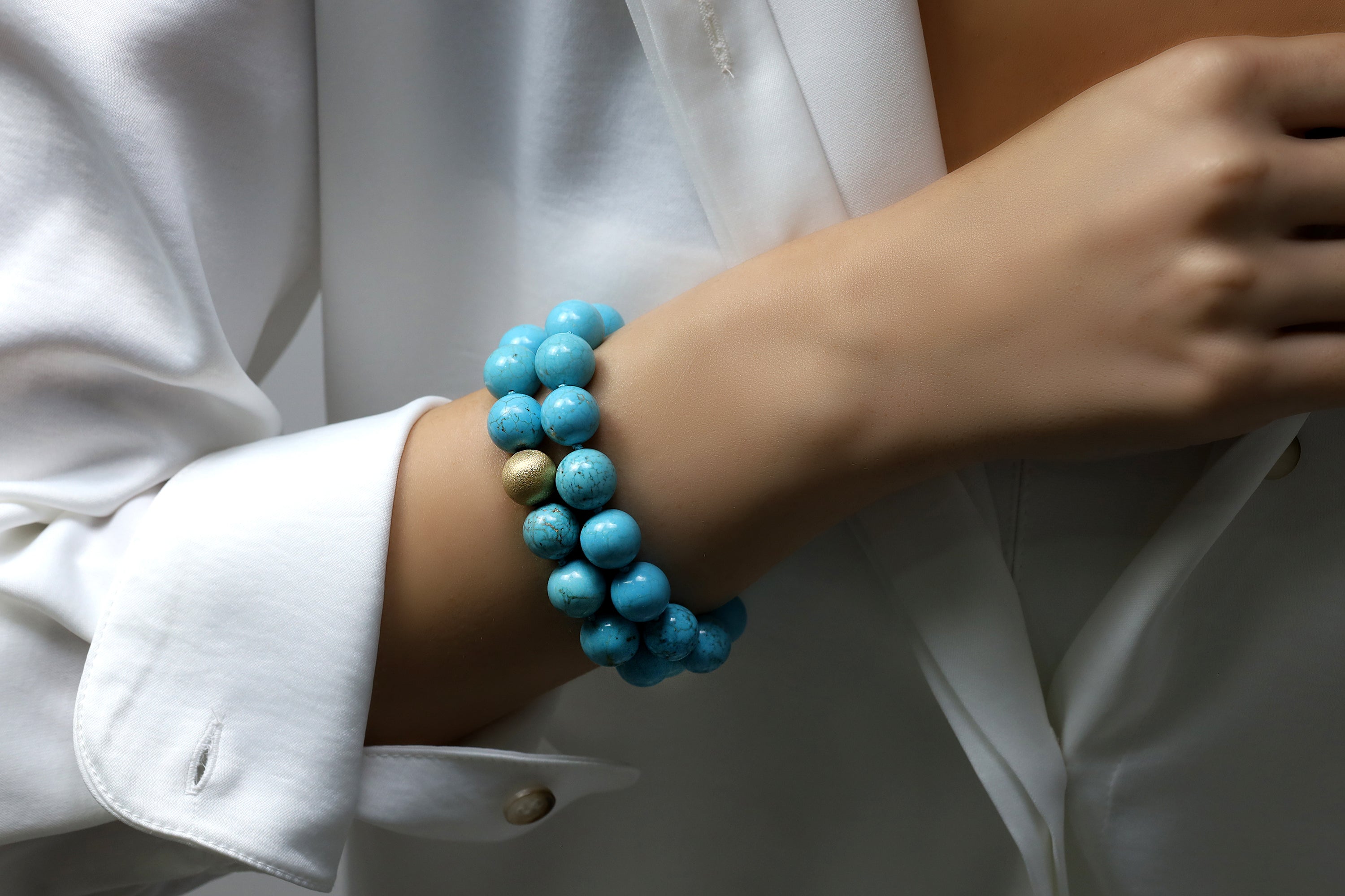 Turquoise Beaded Gold Bracelet with Brushed Gold Bead Bracelets Anemone Jewelry