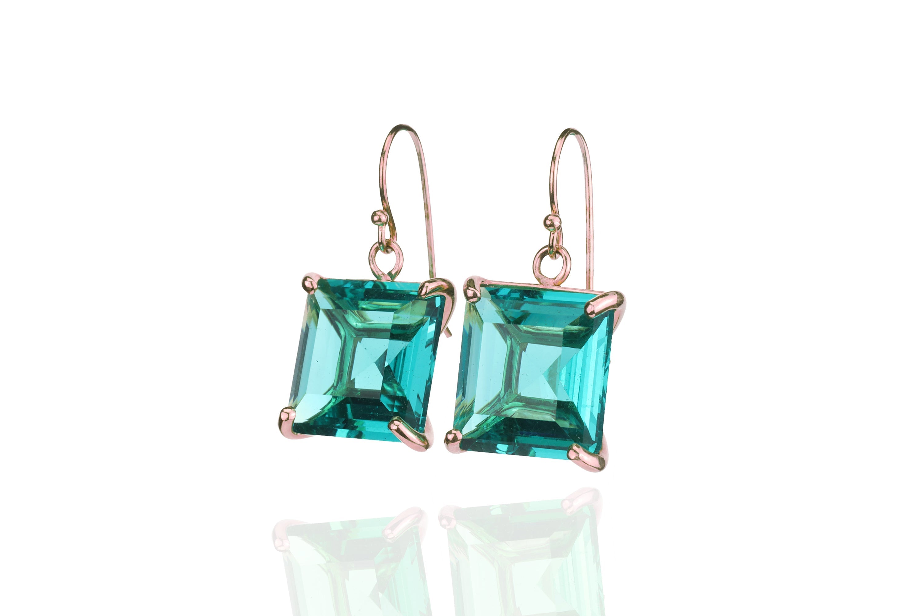 Square Cut Blue Tourmaline Dangle Gold Statement Earrings Earrings Anemone Jewelry
