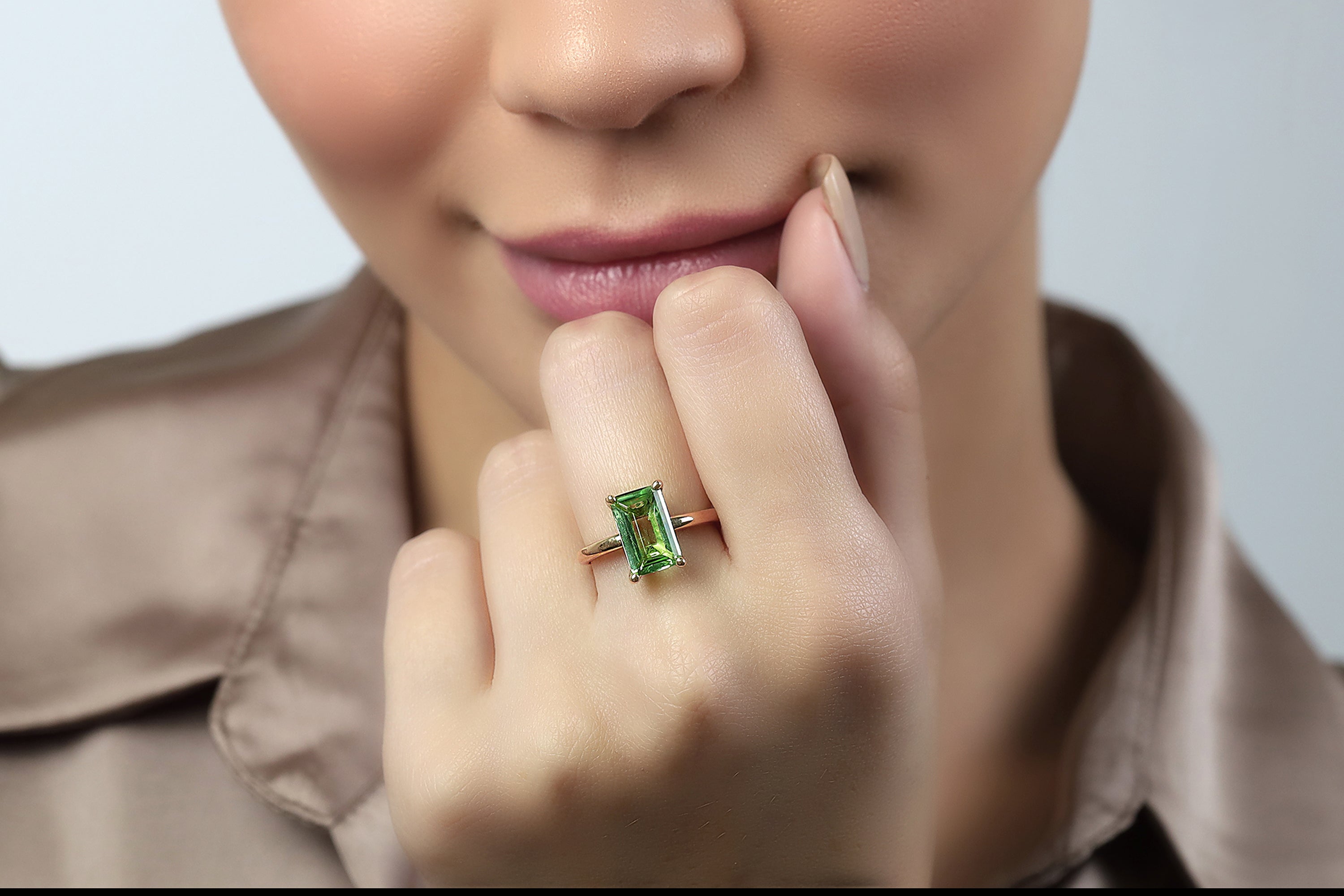 Rectangle Solitaire Green Tourmaline Gold Ring Rings Anemone Unique