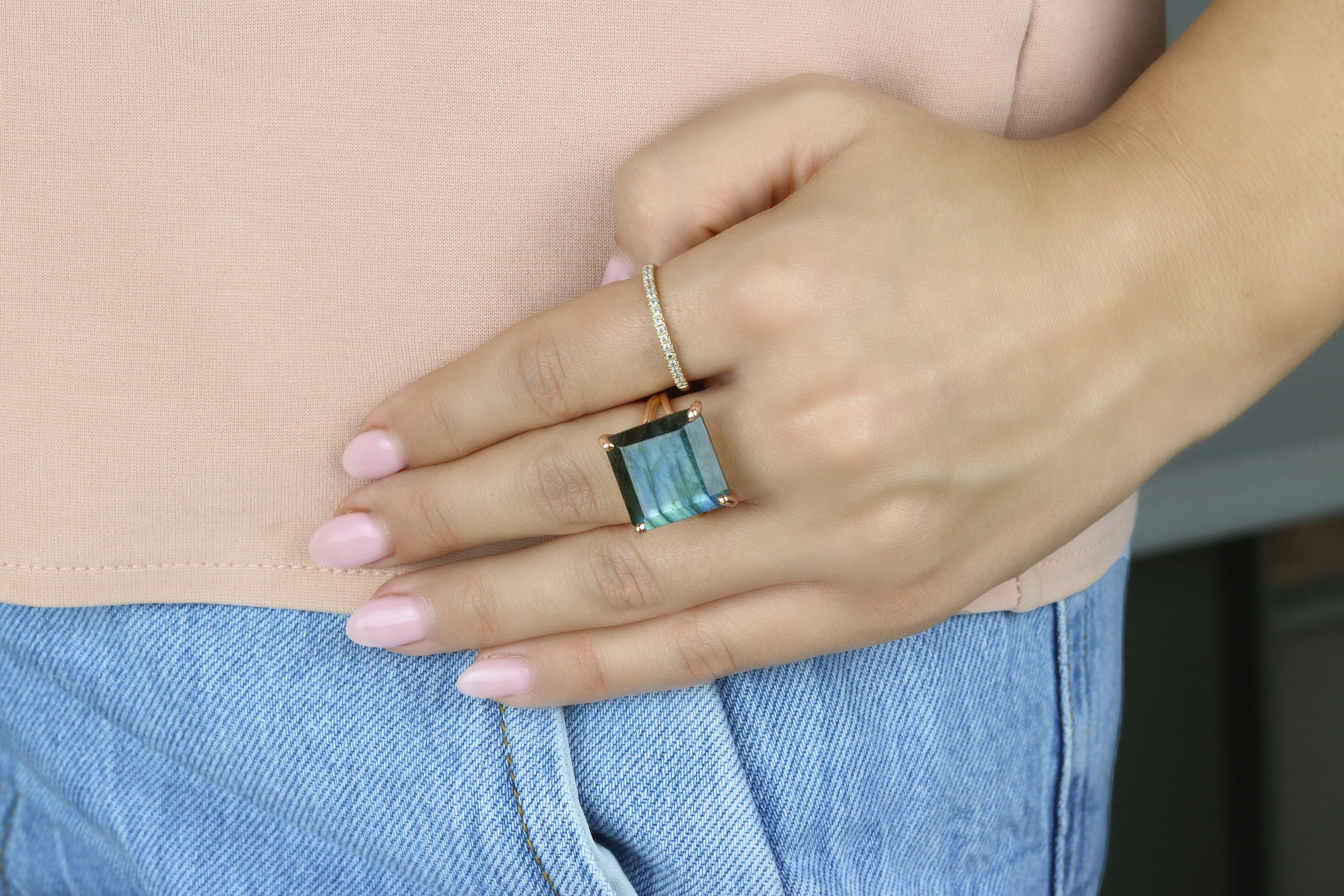 16x16mm Labradorite Ring in 14k Rose Gold Rings Anemone Jewelry